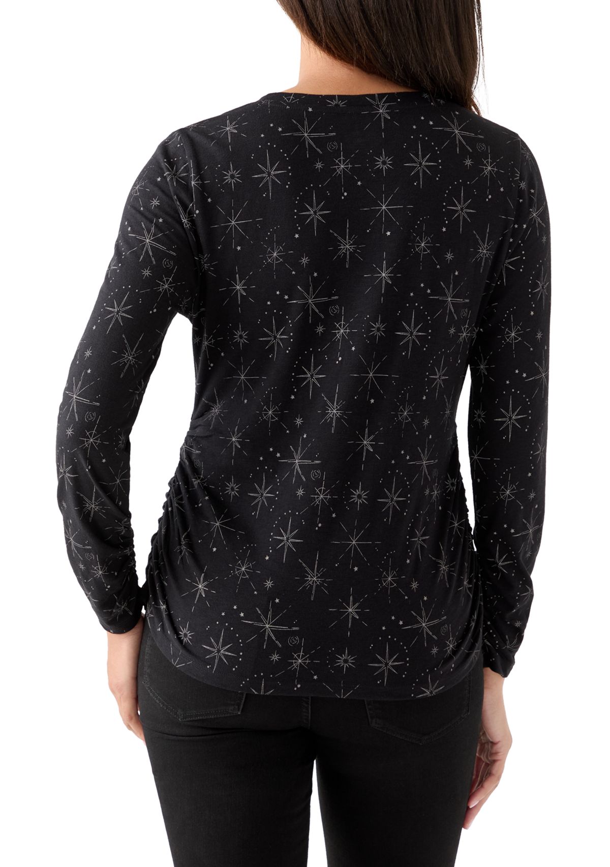 Womens Long Sleeve Ruched Print Top 