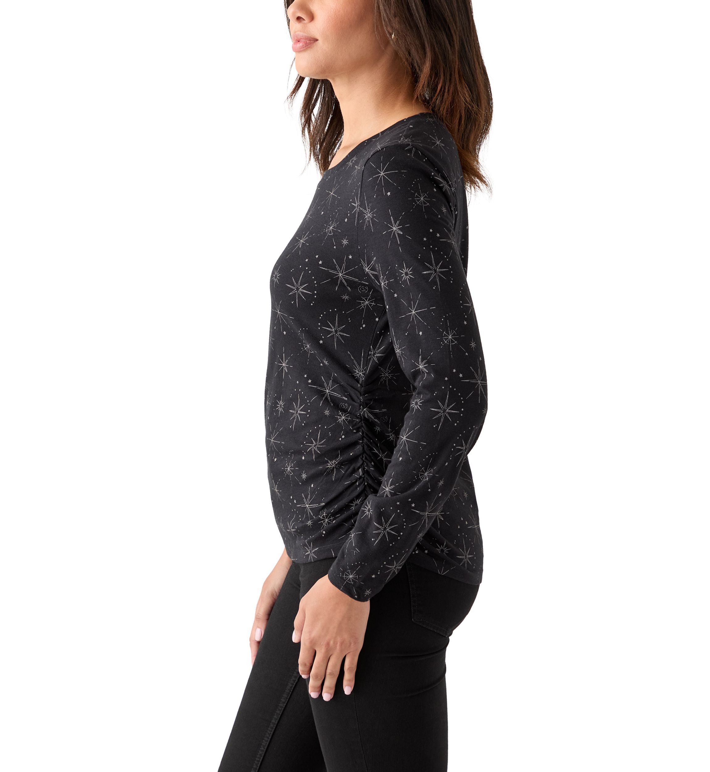 Womens Long Sleeve Ruched Print Top 