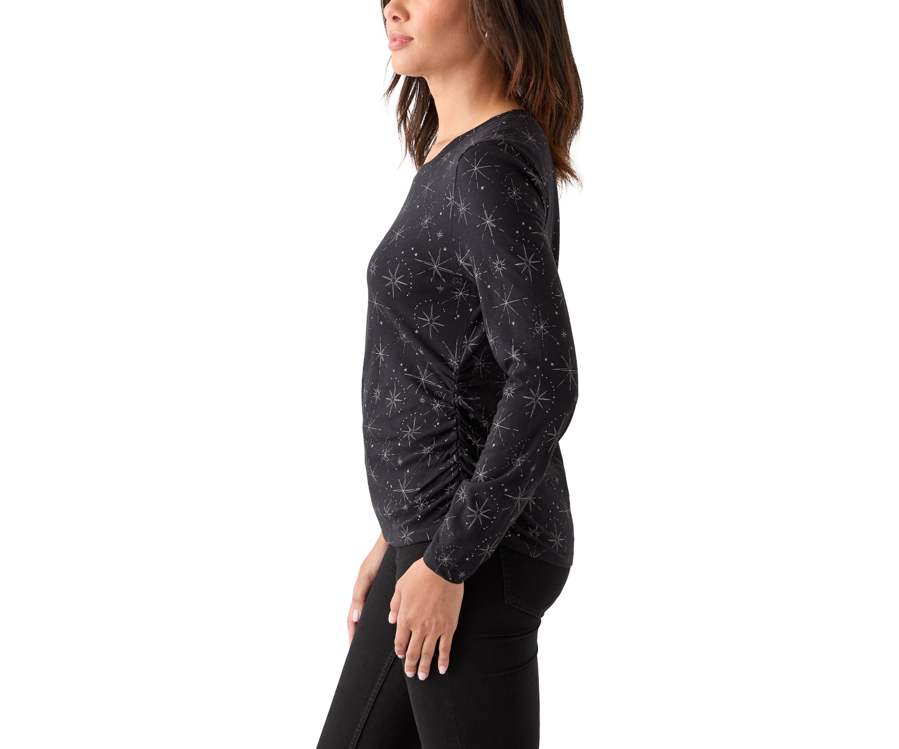 Womens Long Sleeve Ruched Print Top 