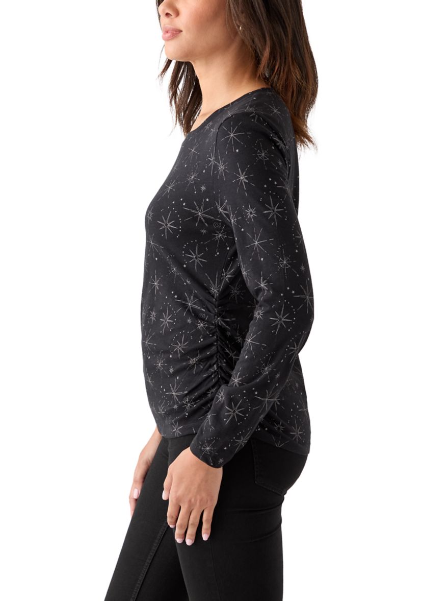 Womens Long Sleeve Ruched Print Top 