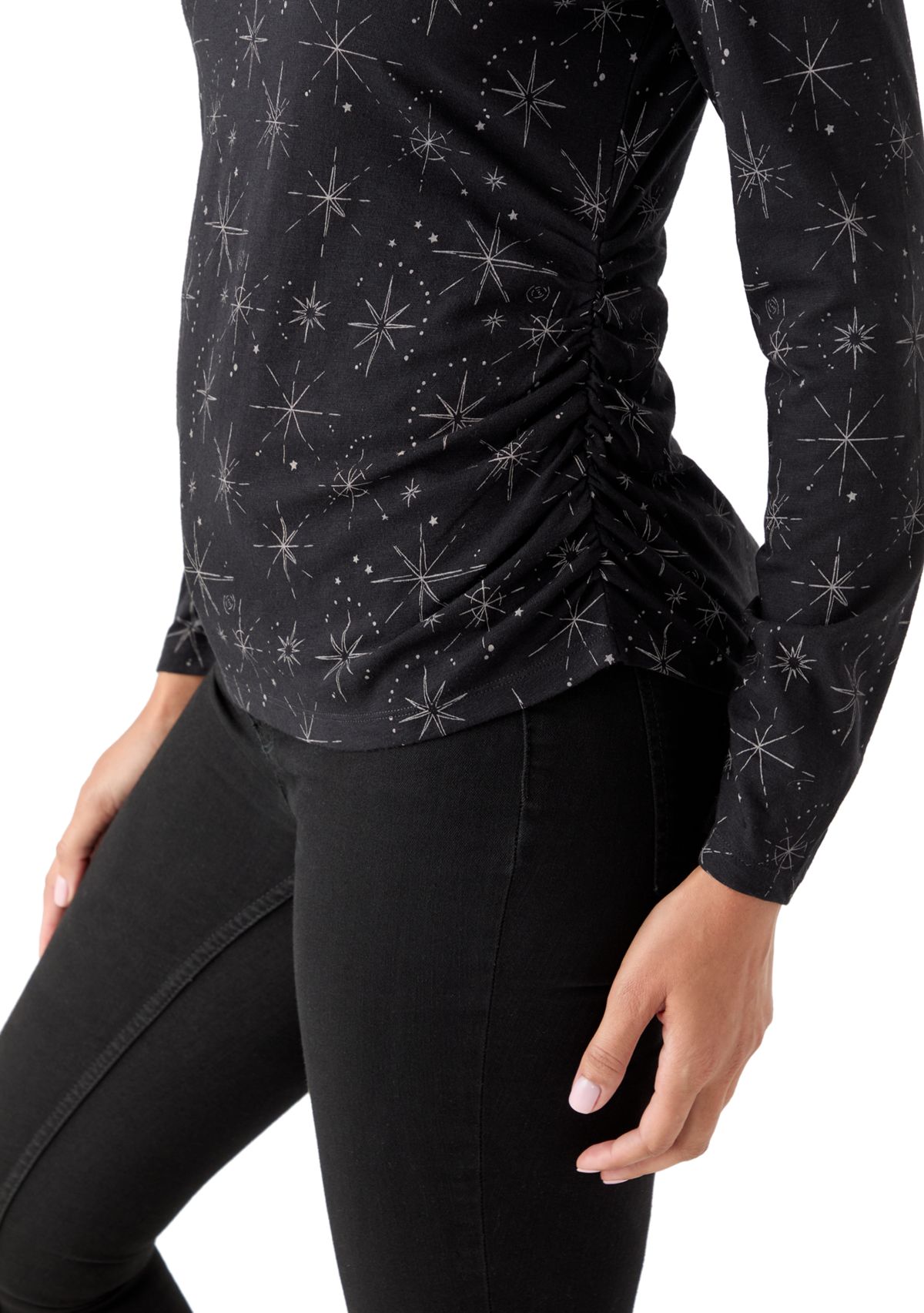 Womens Long Sleeve Ruched Print Top 