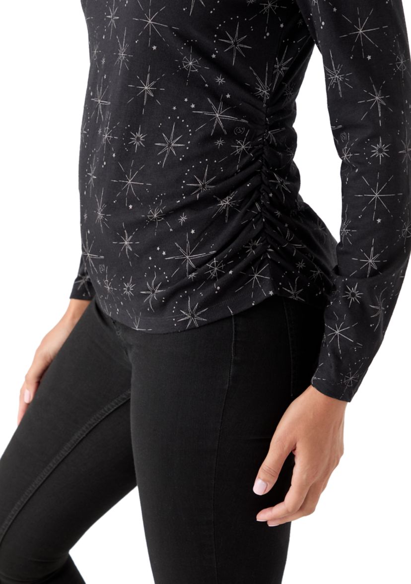 Womens Long Sleeve Ruched Print Top 
