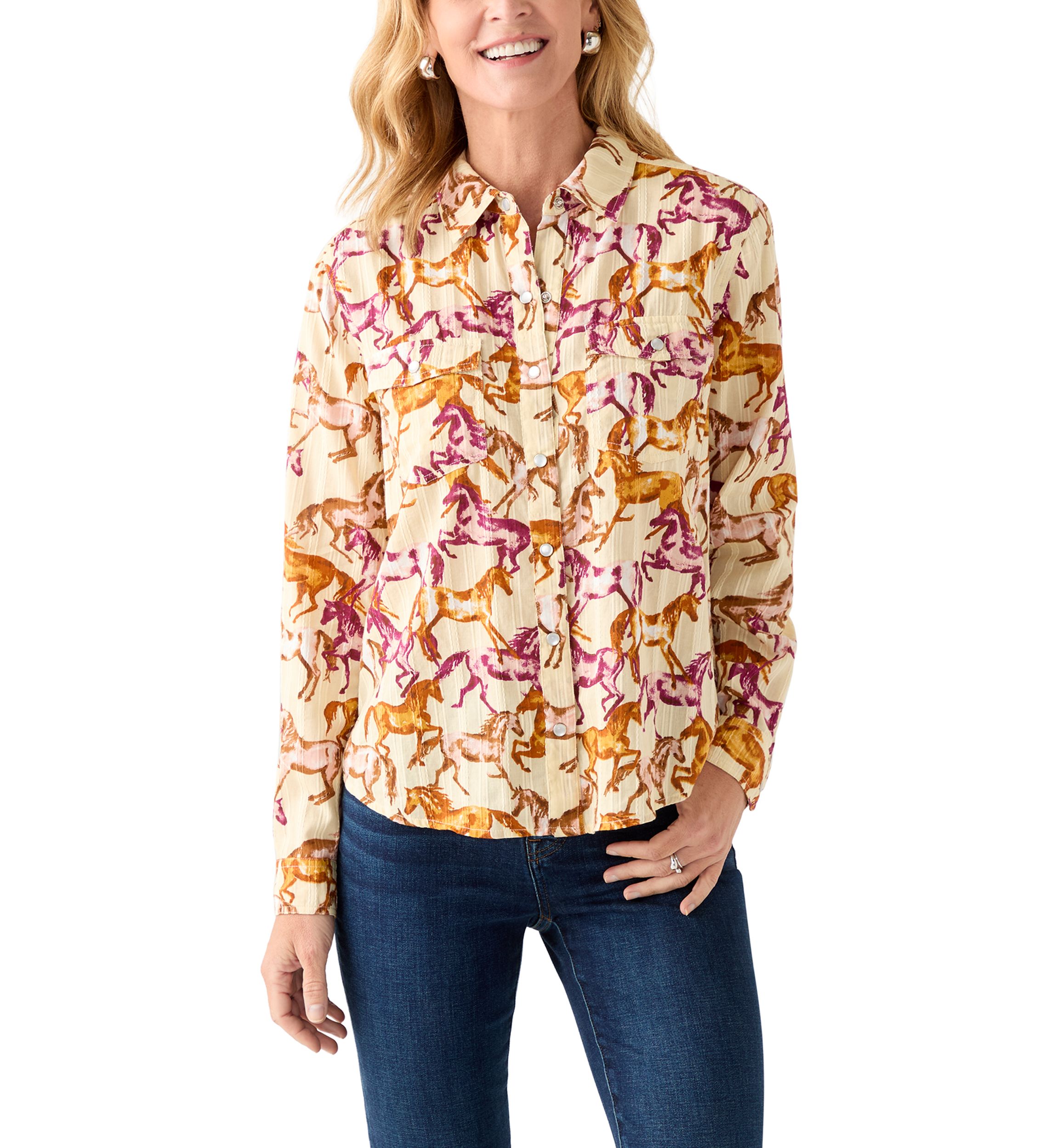 Womens Long Sleeve Printed Woven Shirt