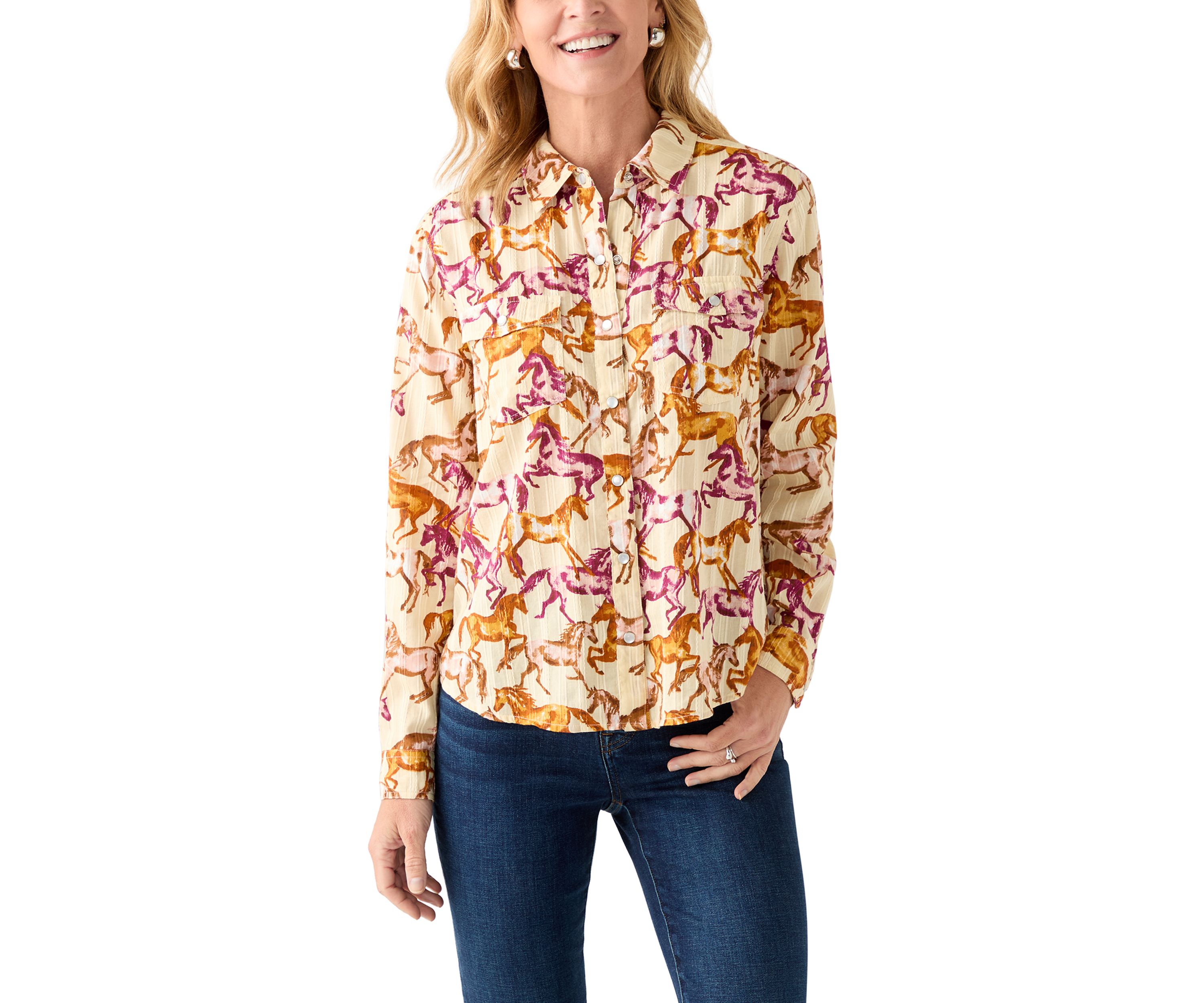 Womens Long Sleeve Printed Woven Shirt