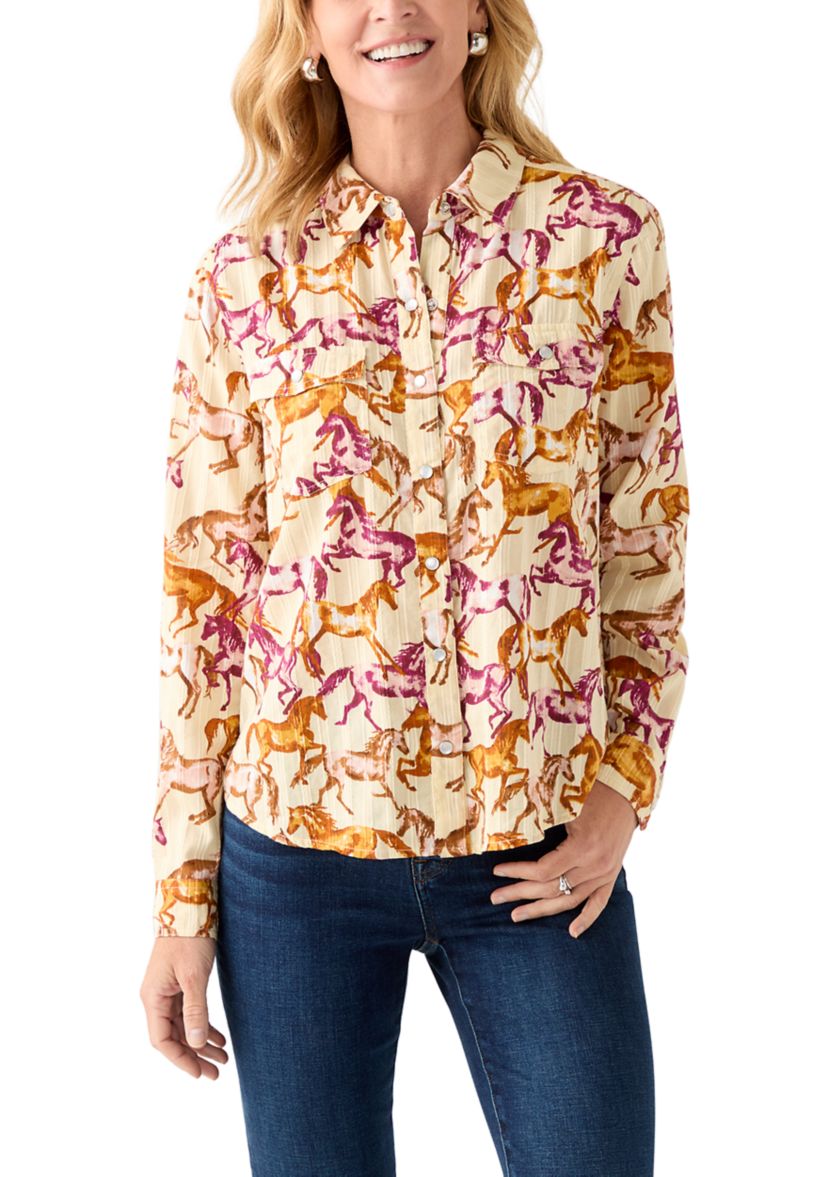 Womens Long Sleeve Printed Woven Shirt