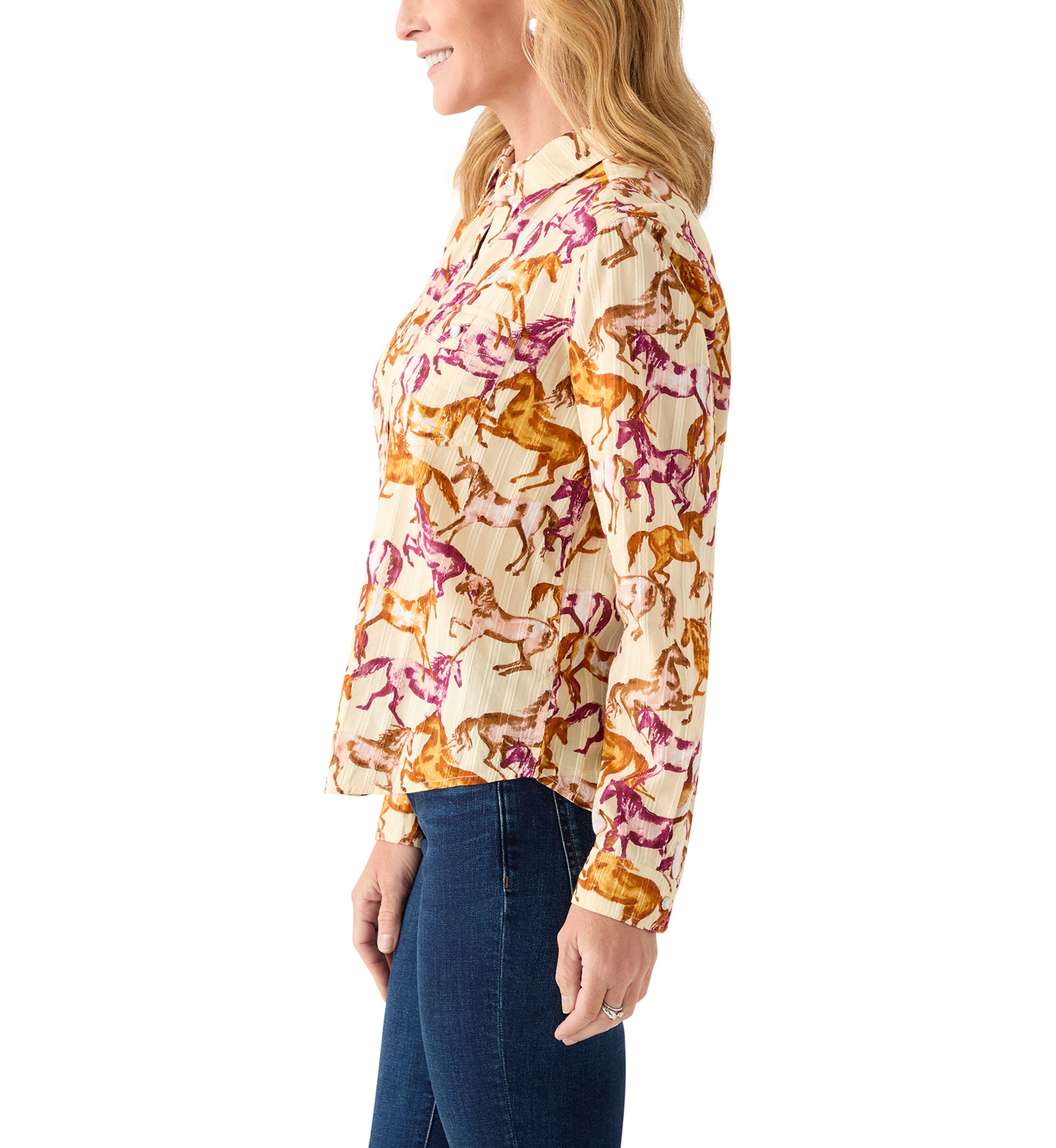 Womens Long Sleeve Printed Woven Shirt