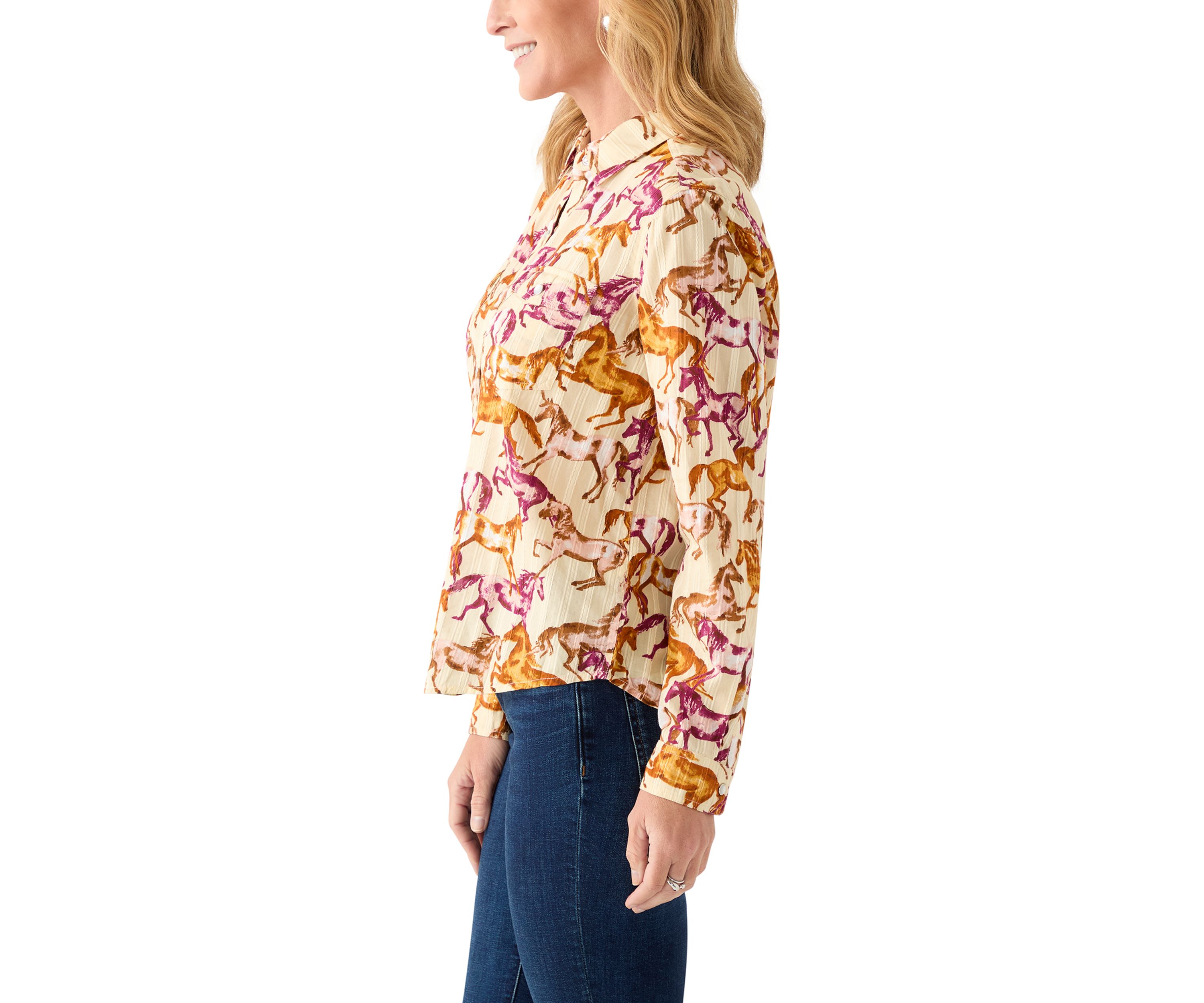 Womens Long Sleeve Printed Woven Shirt