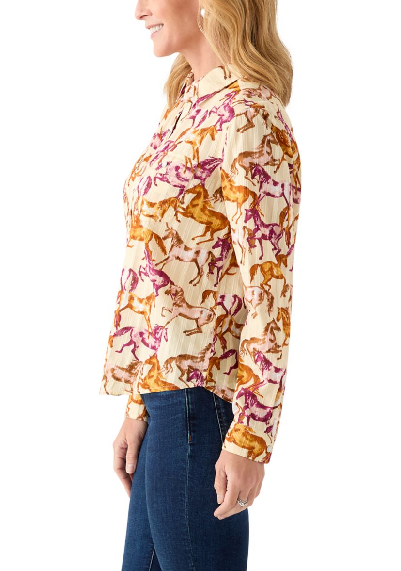 Womens Long Sleeve Printed Woven Shirt