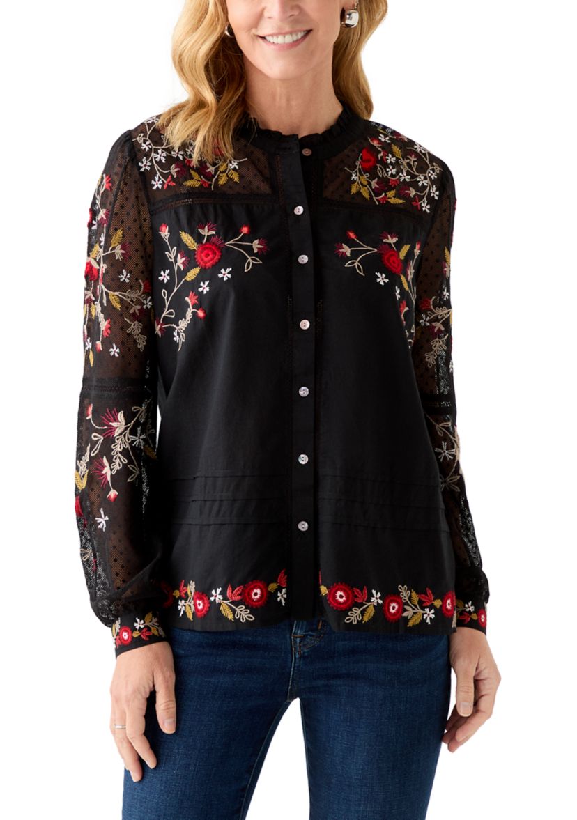 Womens Embroidered Button Front Blouse