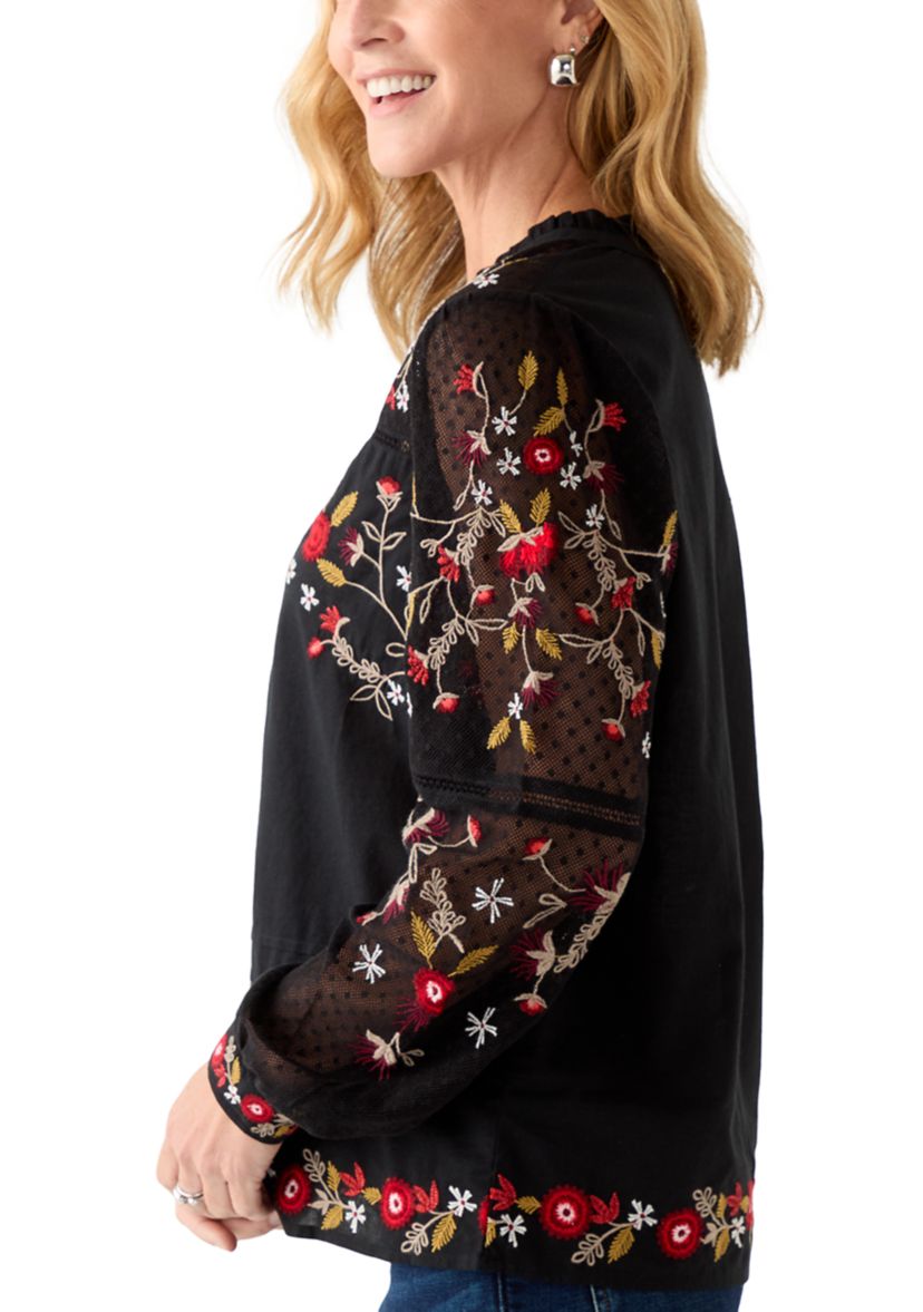 Womens Embroidered Button Front Blouse