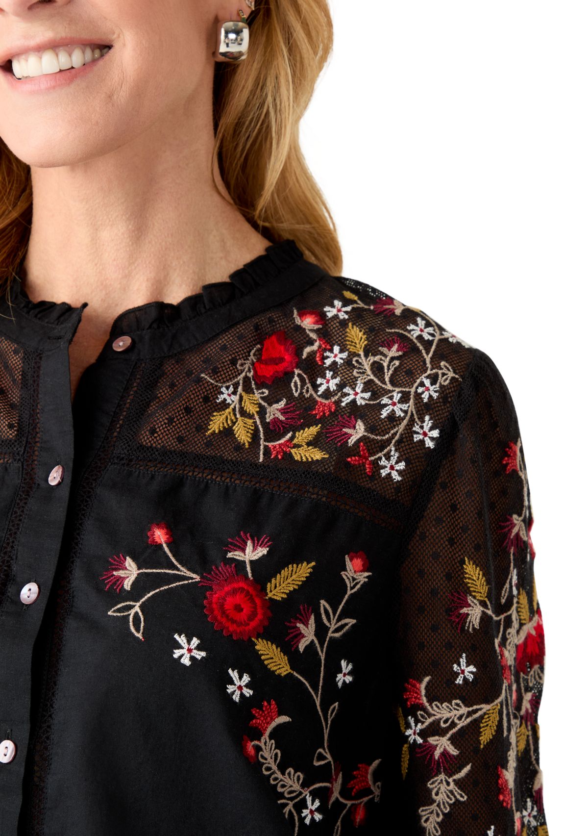 Womens Embroidered Button Front Blouse