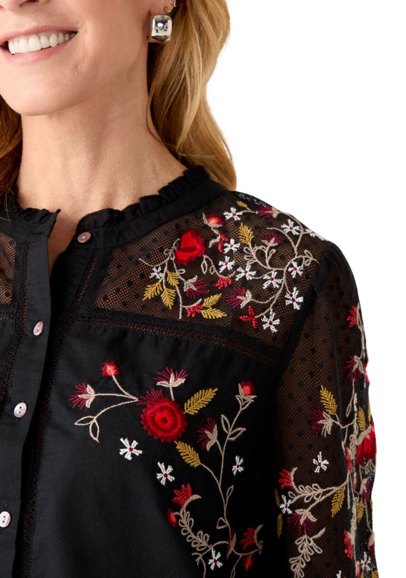 Womens Embroidered Button Front Blouse