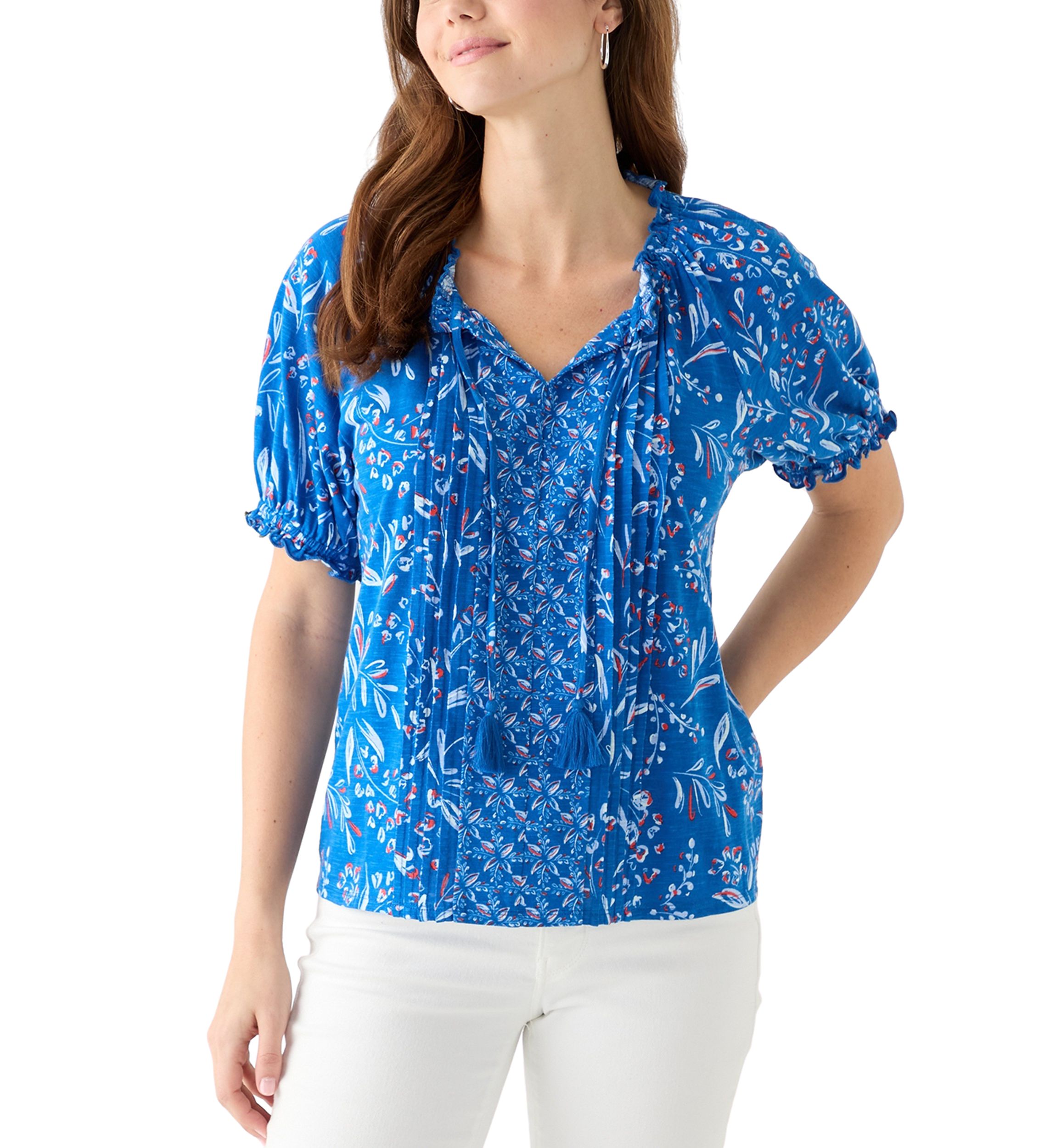 Womens Short Sleeve Pintuck Printed Peasant Top