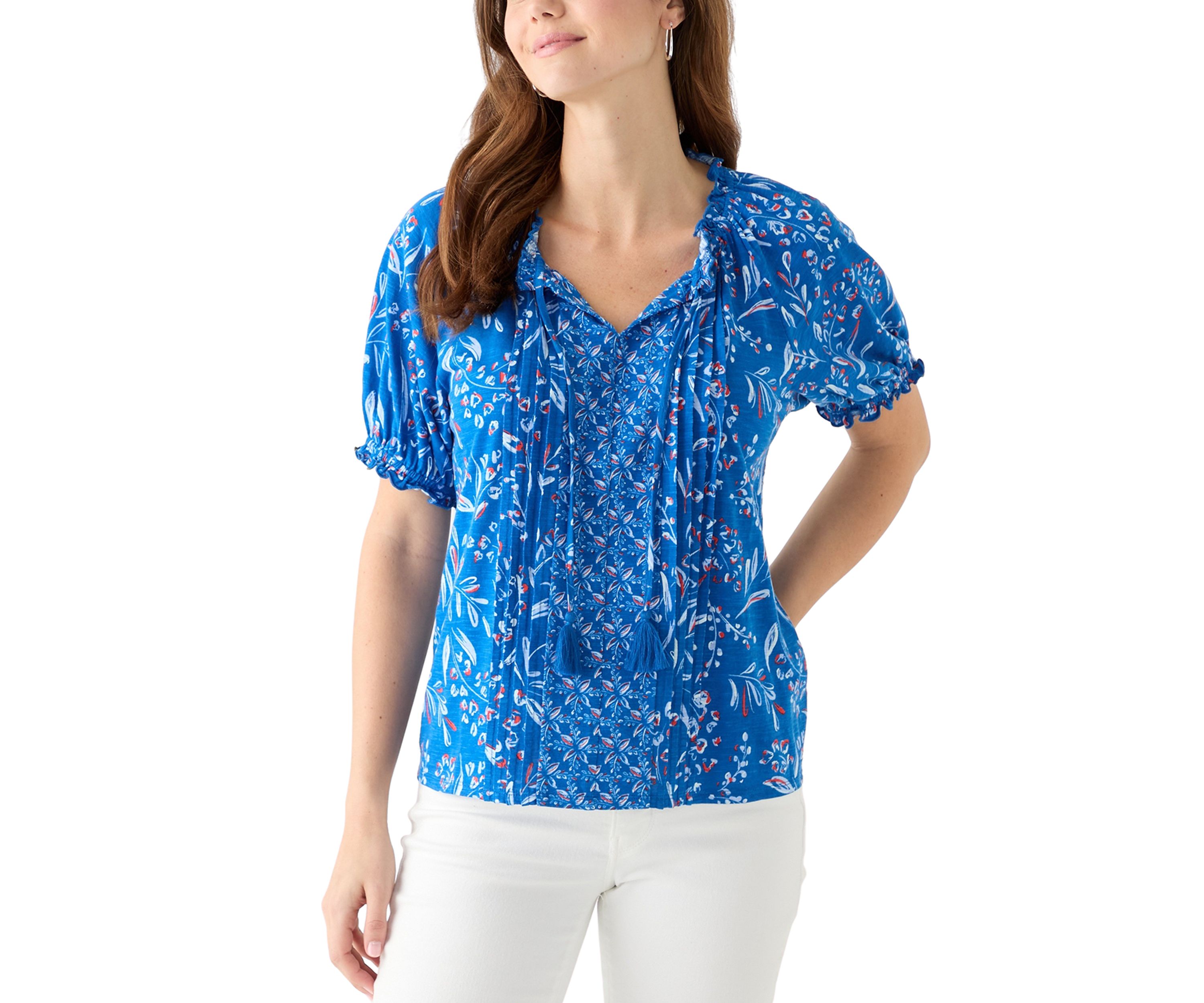 Womens Short Sleeve Pintuck Printed Peasant Top