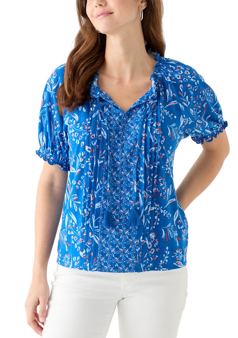 Womens Short Sleeve Pintuck Printed Peasant Top