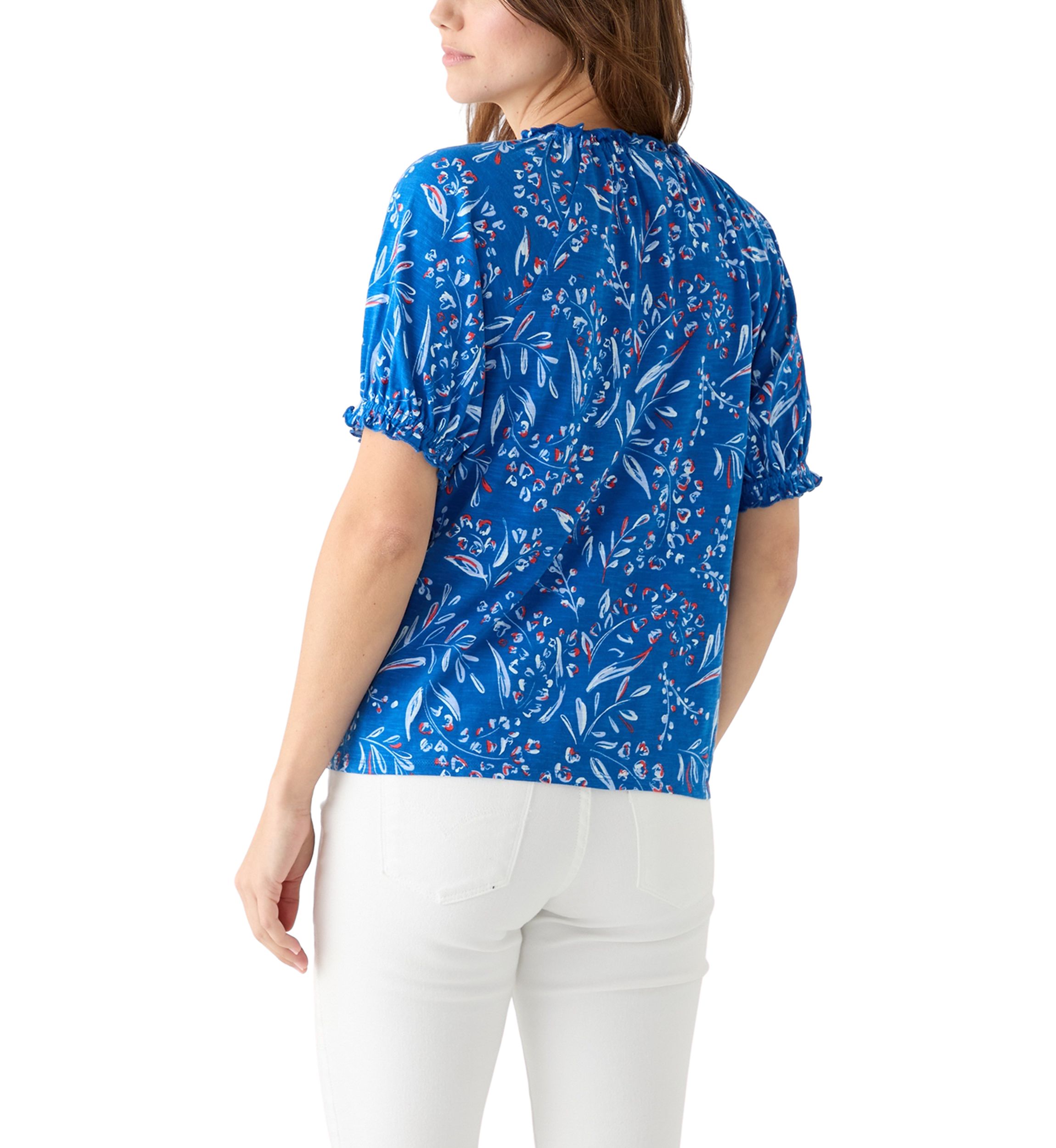 Womens Short Sleeve Pintuck Printed Peasant Top