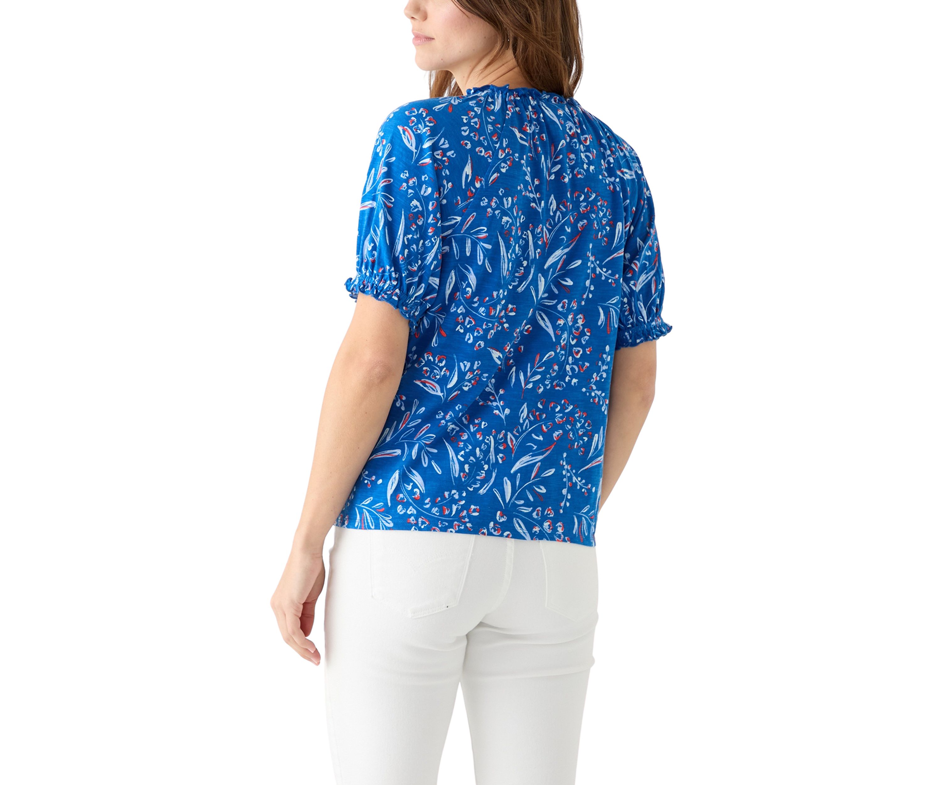 Womens Short Sleeve Pintuck Printed Peasant Top