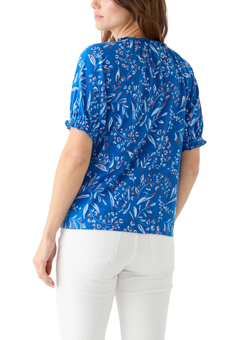Womens Short Sleeve Pintuck Printed Peasant Top