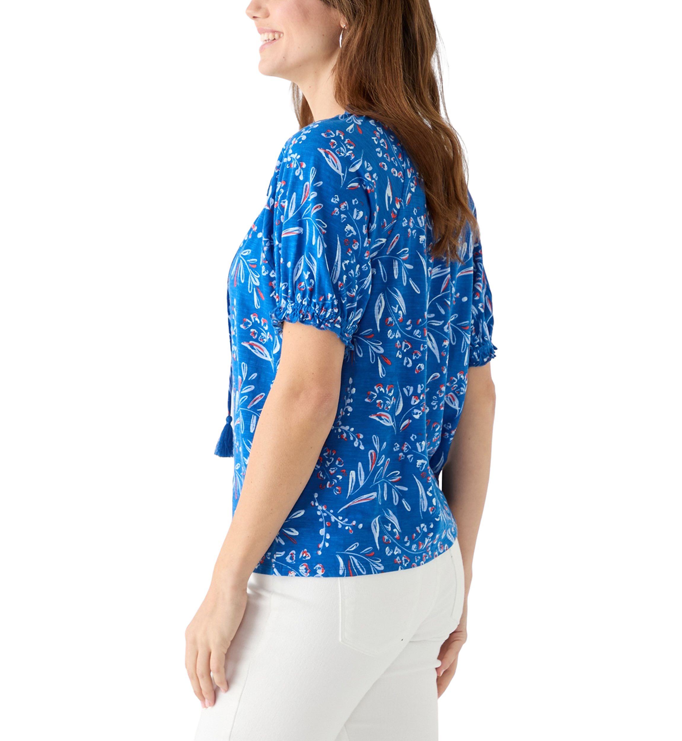 Womens Short Sleeve Pintuck Printed Peasant Top
