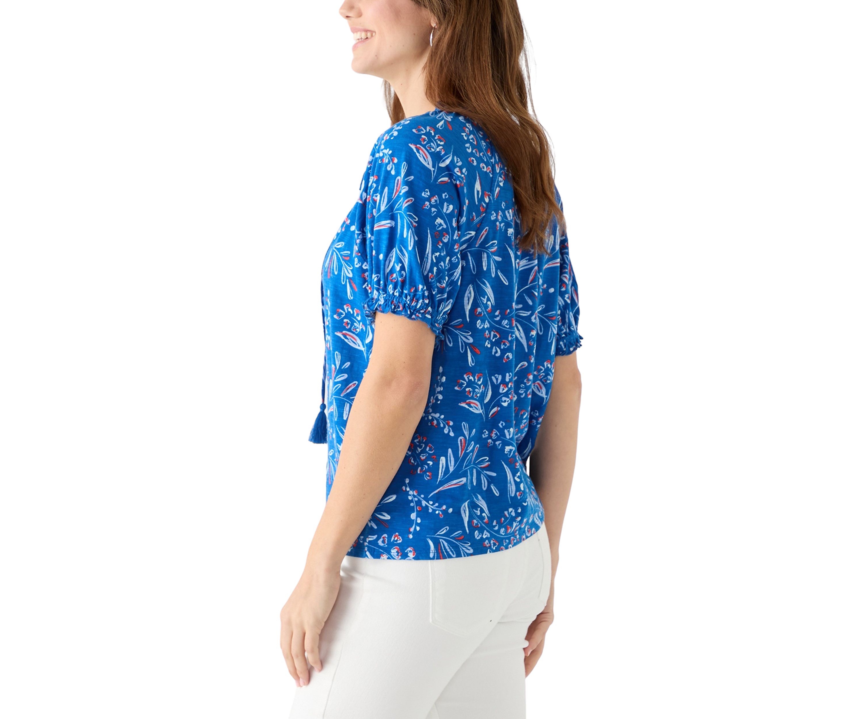 Womens Short Sleeve Pintuck Printed Peasant Top