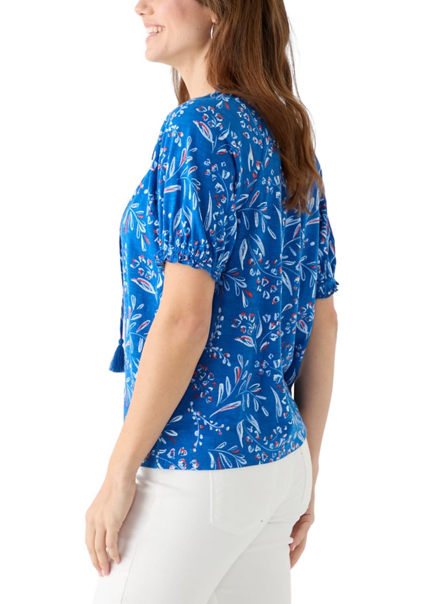Womens Short Sleeve Pintuck Printed Peasant Top