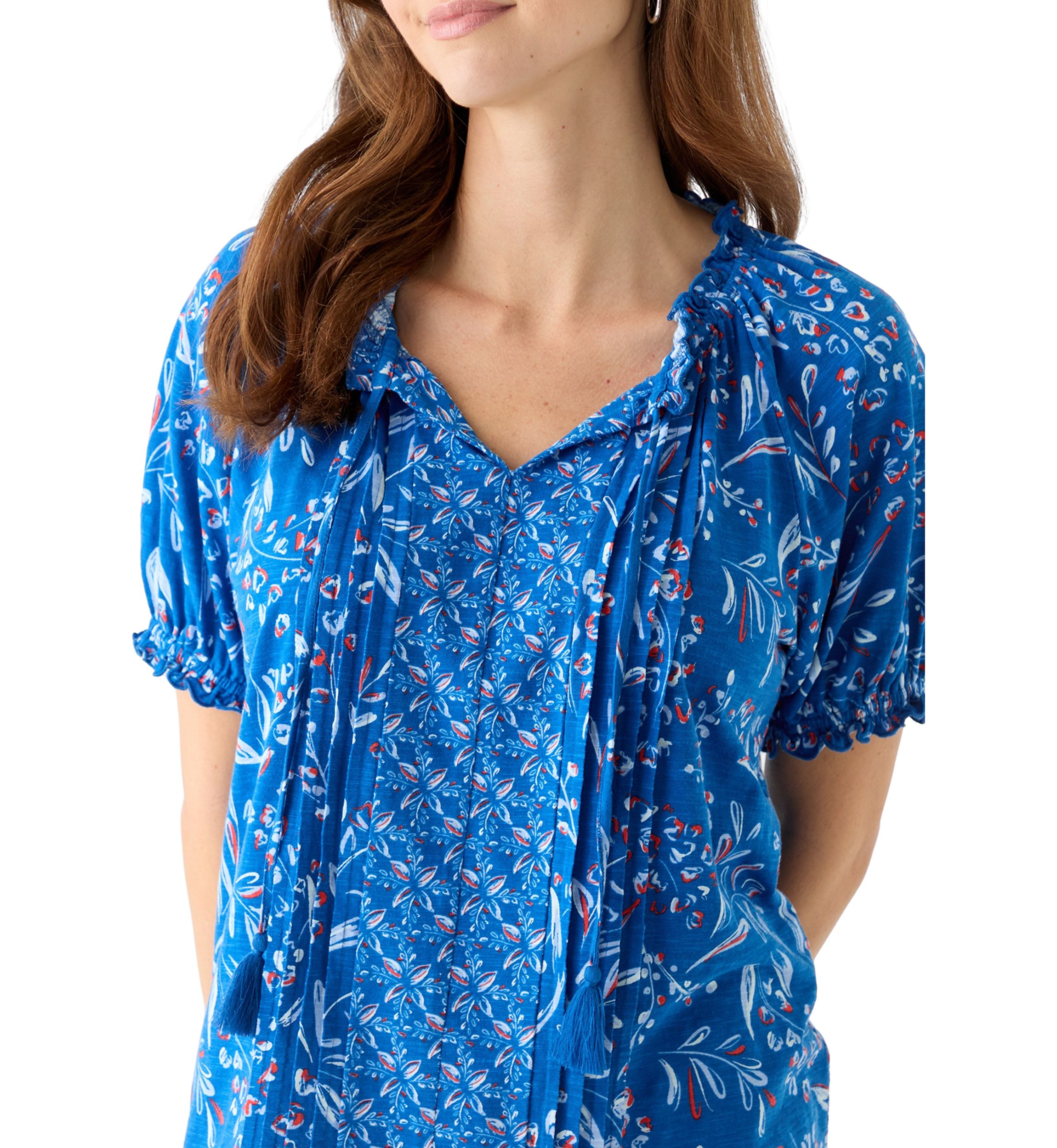 Womens Short Sleeve Pintuck Printed Peasant Top