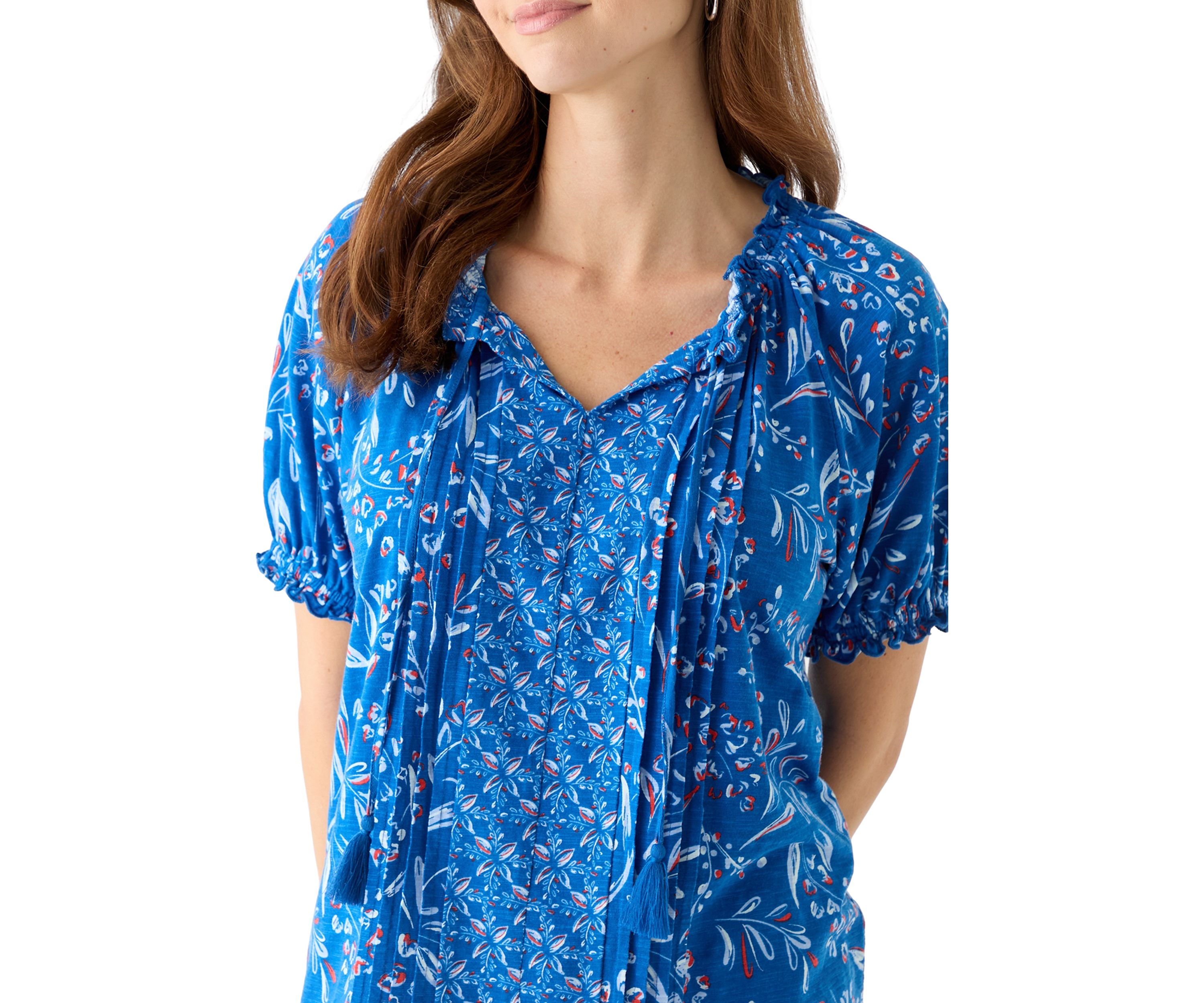 Womens Short Sleeve Pintuck Printed Peasant Top