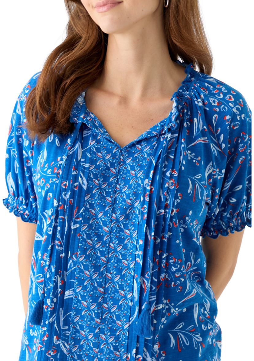 Womens Short Sleeve Pintuck Printed Peasant Top