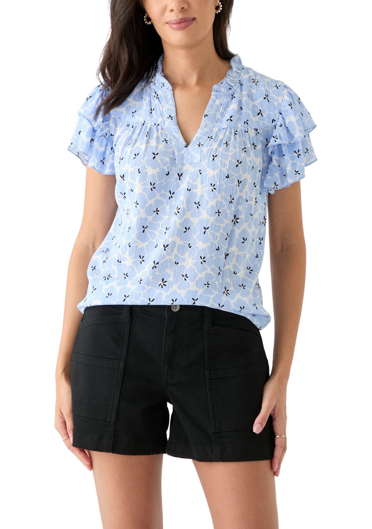 Womens Split Neck Printed Flutter Sleeve Top