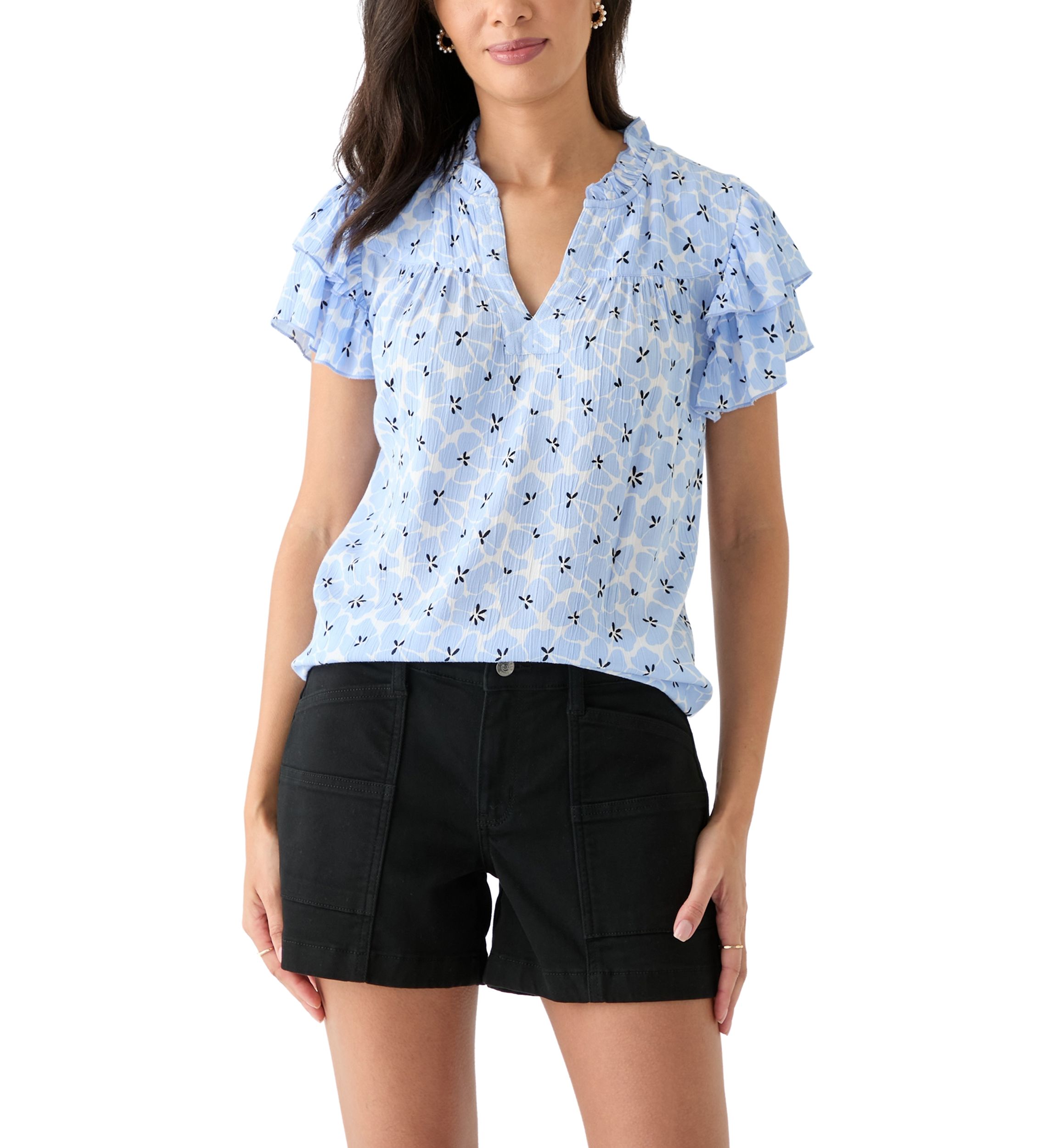 Womens Split Neck Printed Flutter Sleeve Top