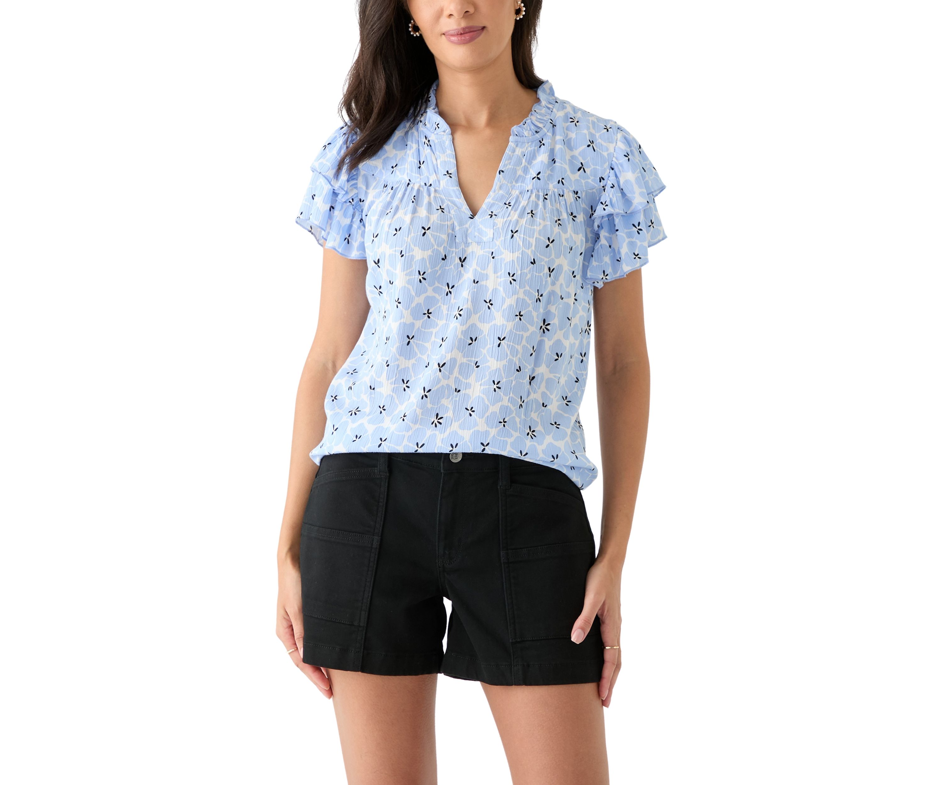 Womens Split Neck Printed Flutter Sleeve Top