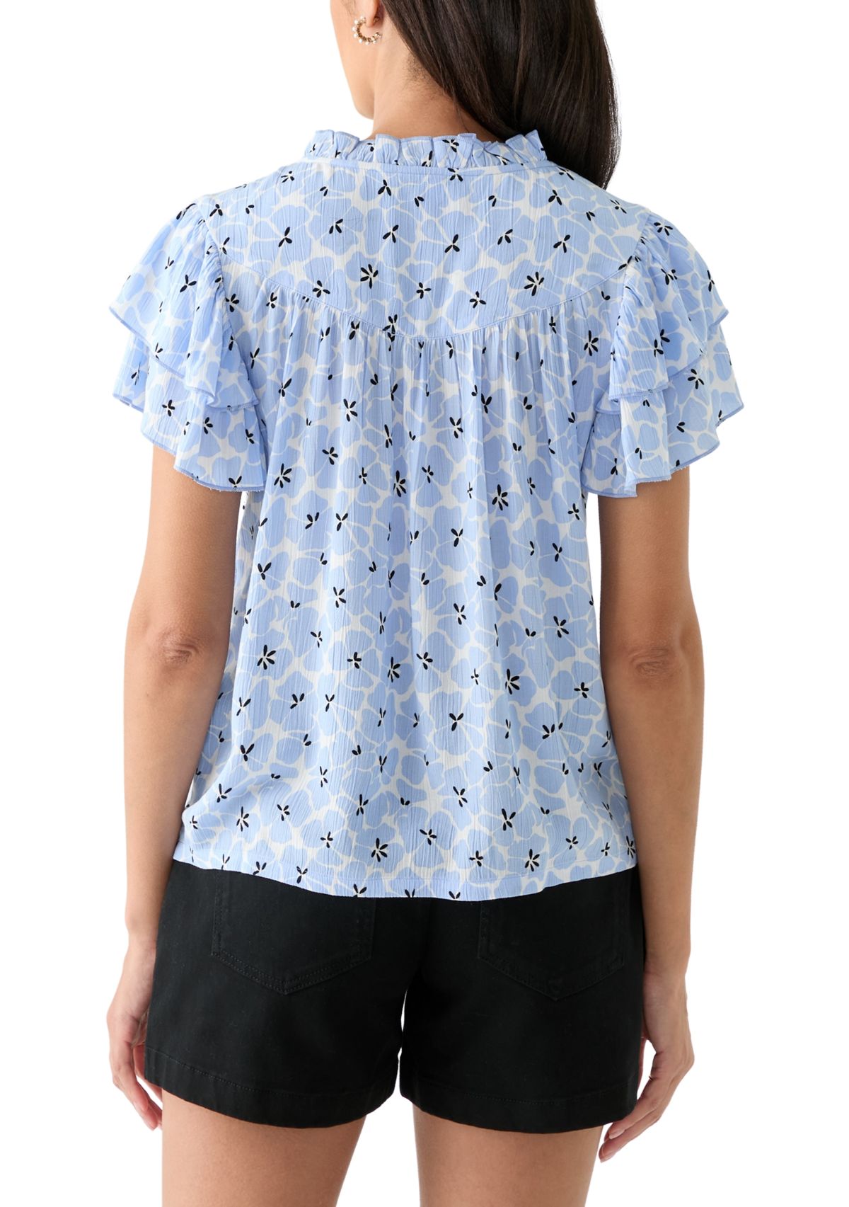 Womens Split Neck Printed Flutter Sleeve Top