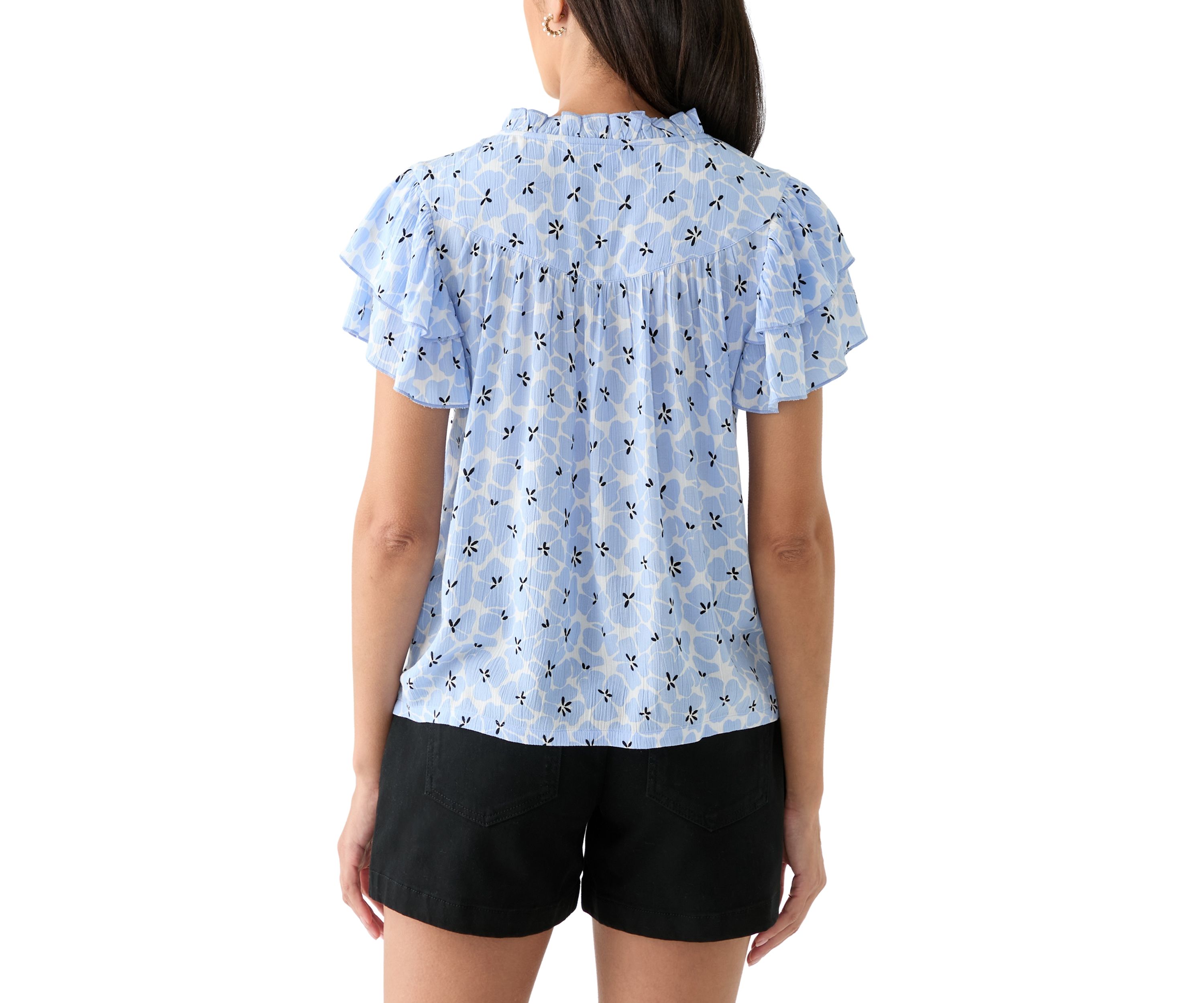 Womens Split Neck Printed Flutter Sleeve Top