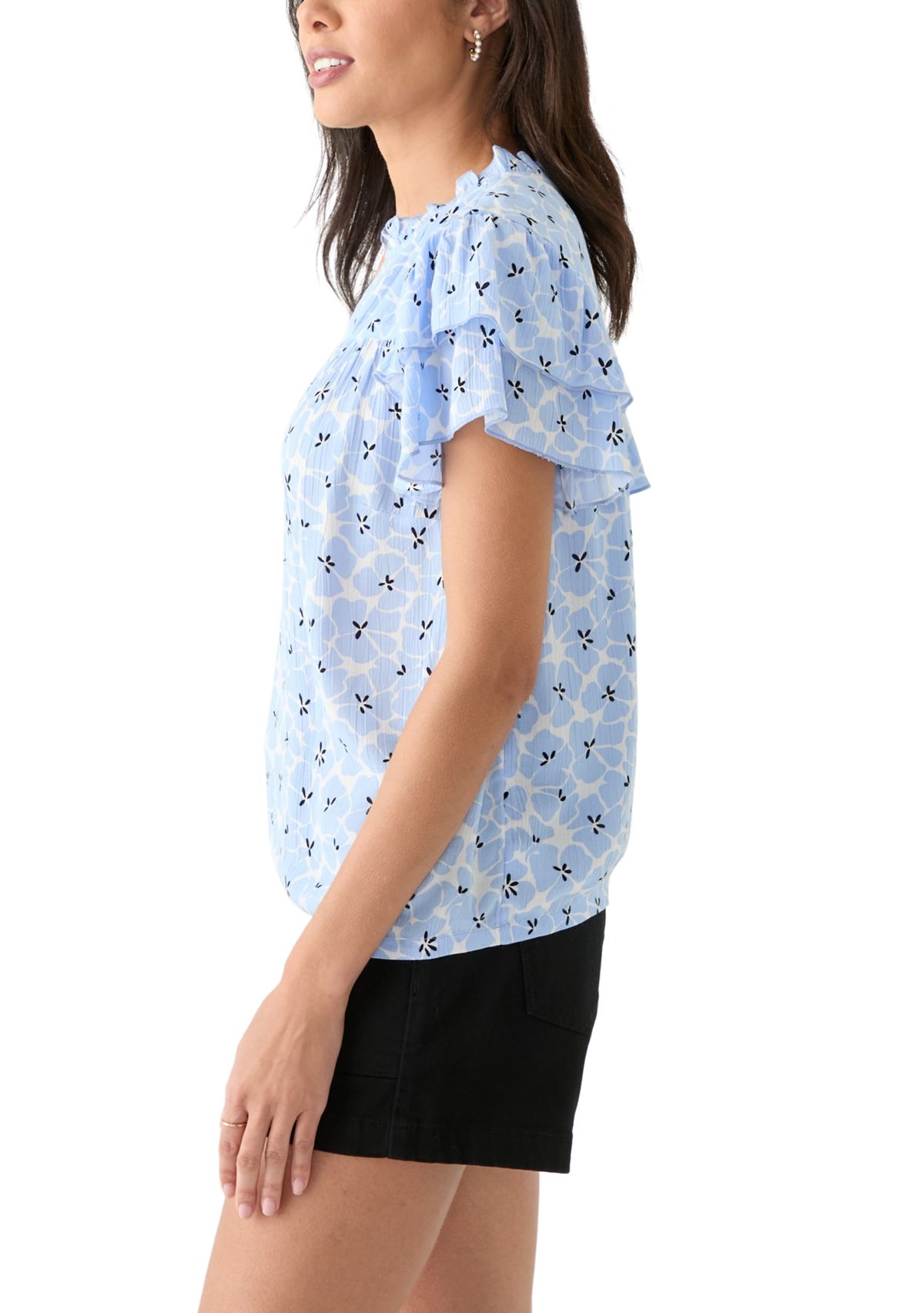 Womens Split Neck Printed Flutter Sleeve Top