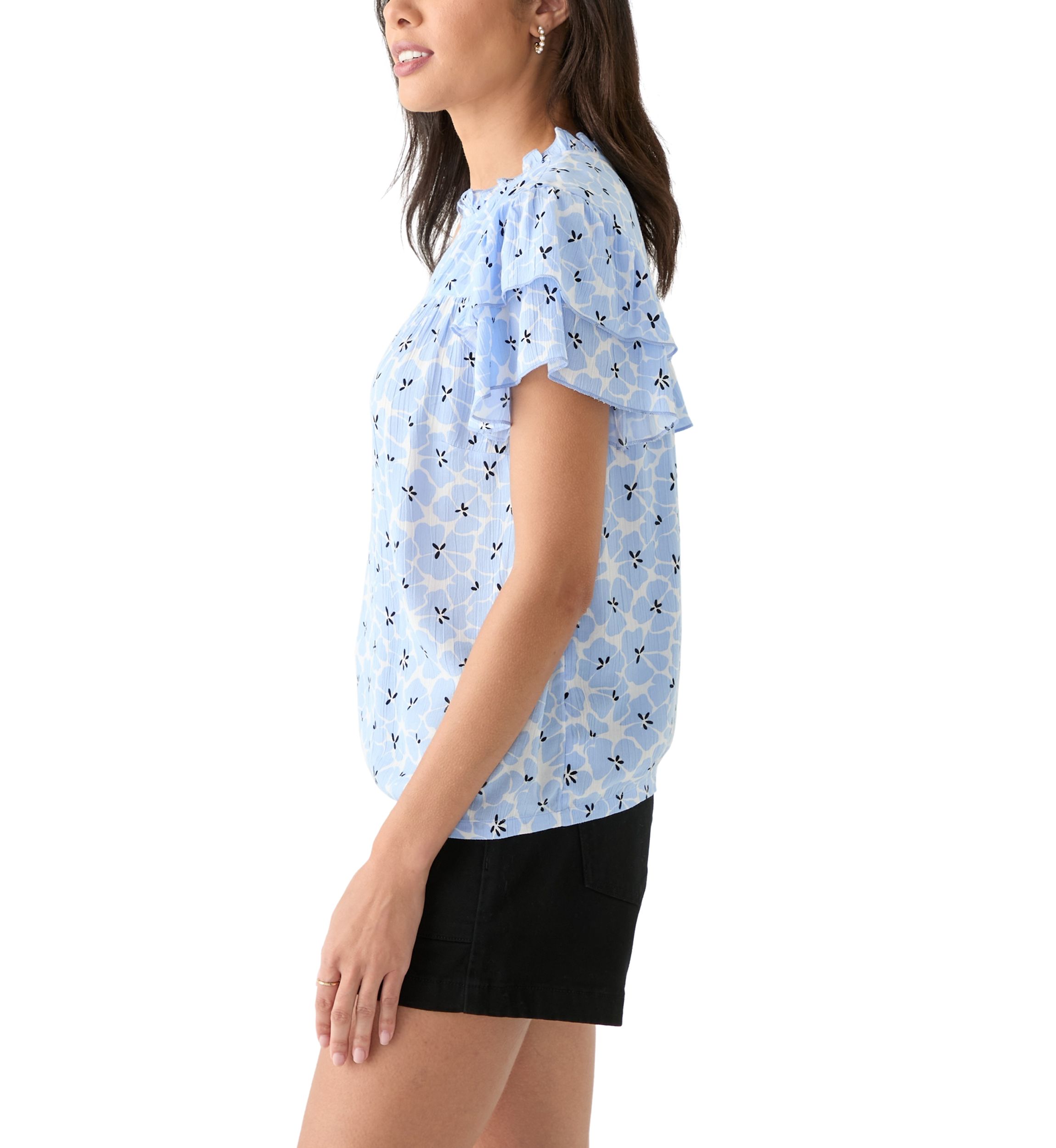 Womens Split Neck Printed Flutter Sleeve Top