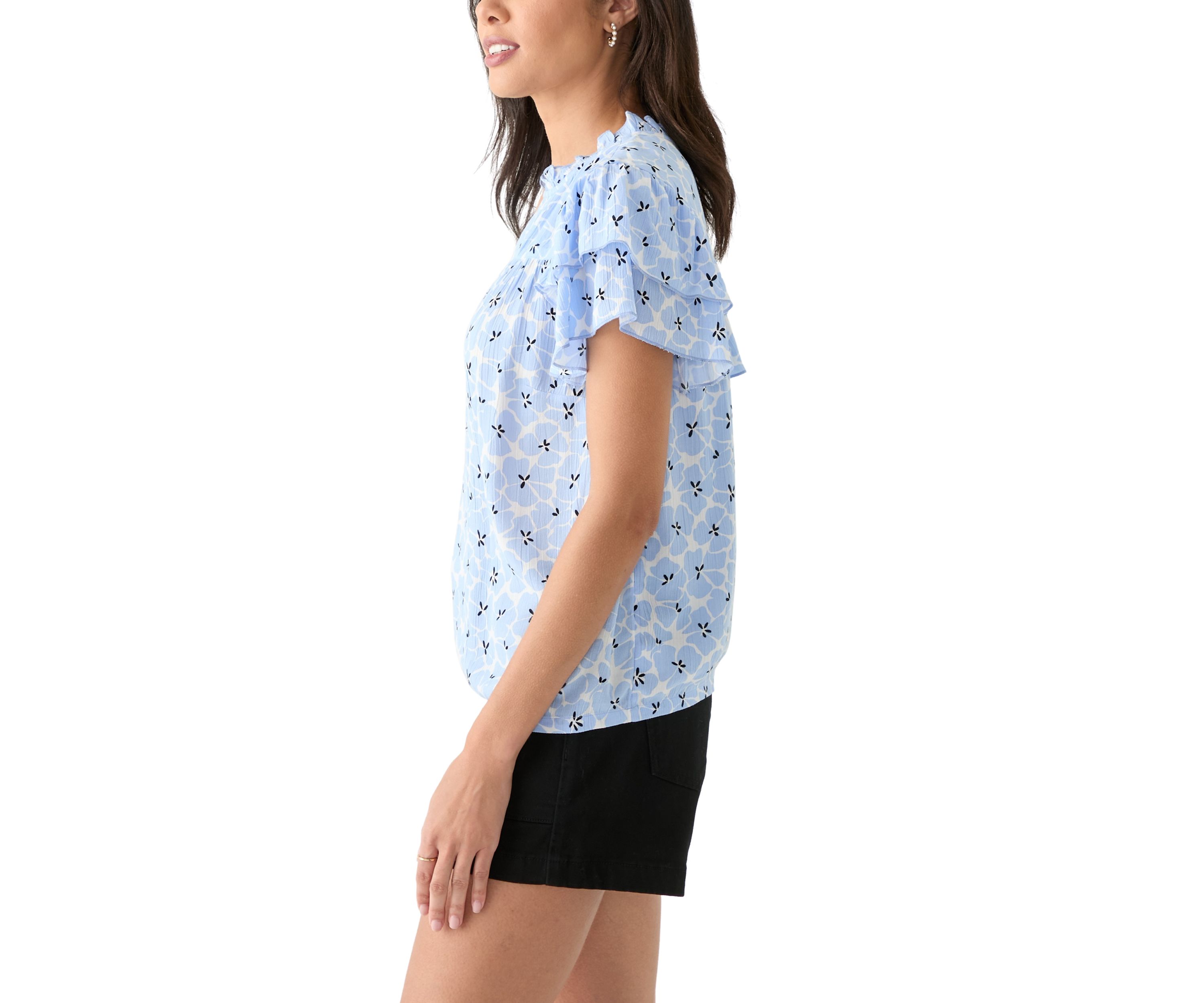 Womens Split Neck Printed Flutter Sleeve Top