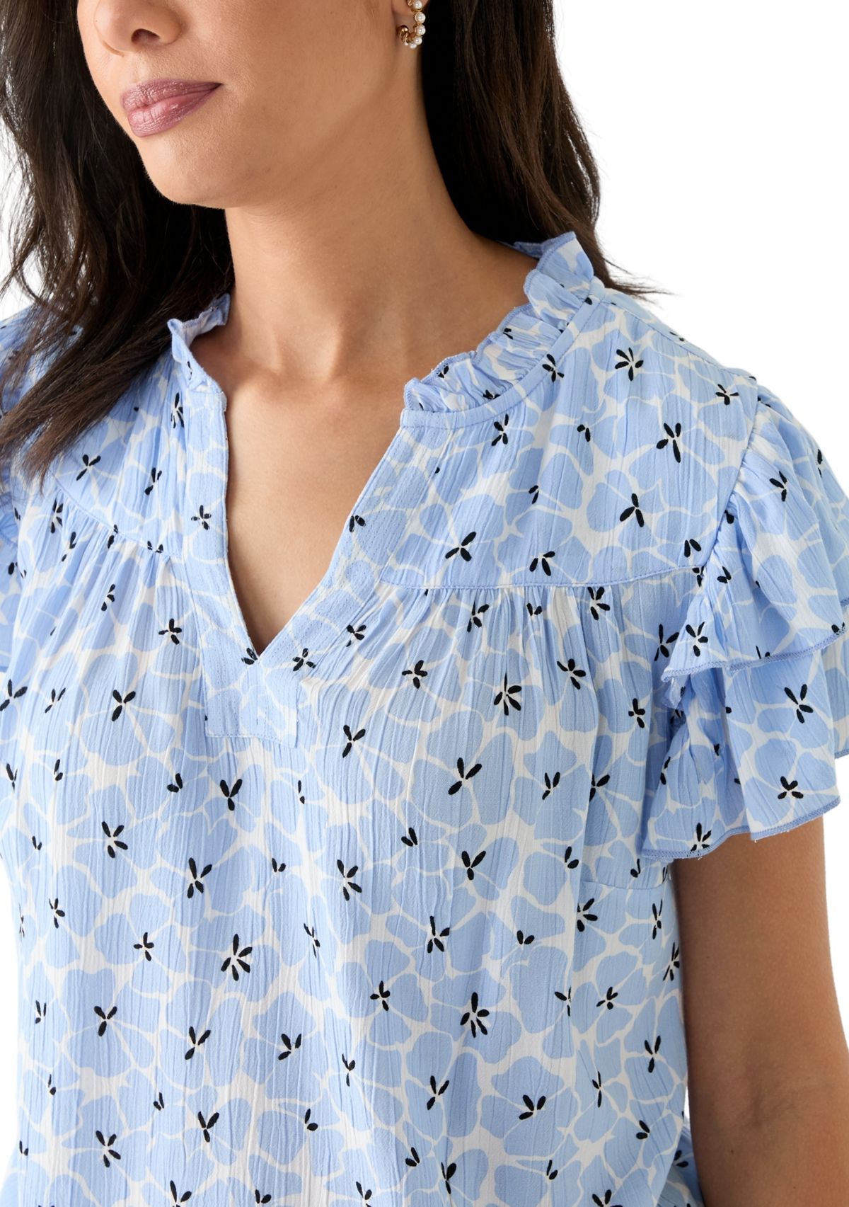 Womens Split Neck Printed Flutter Sleeve Top