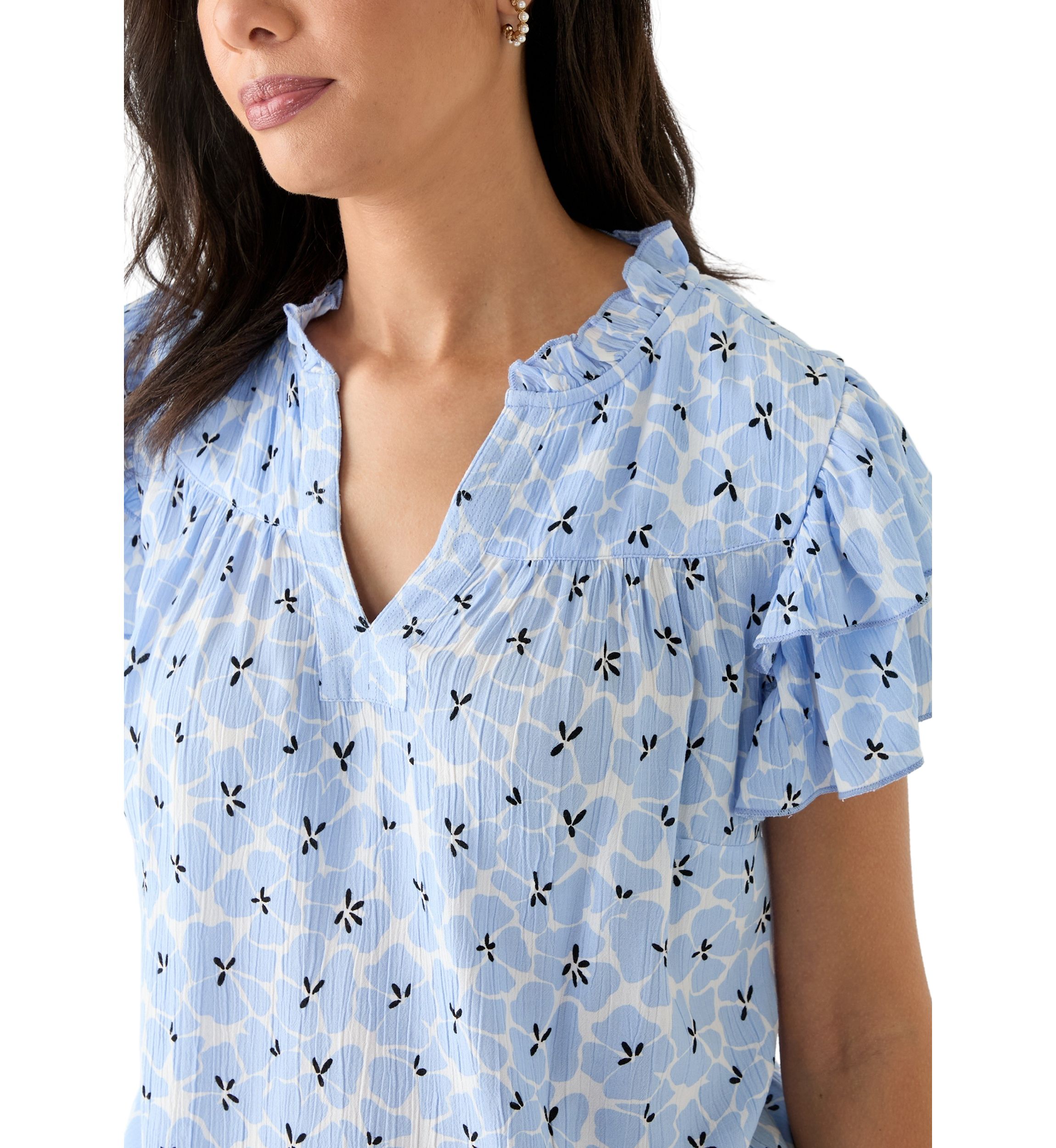 Womens Split Neck Printed Flutter Sleeve Top