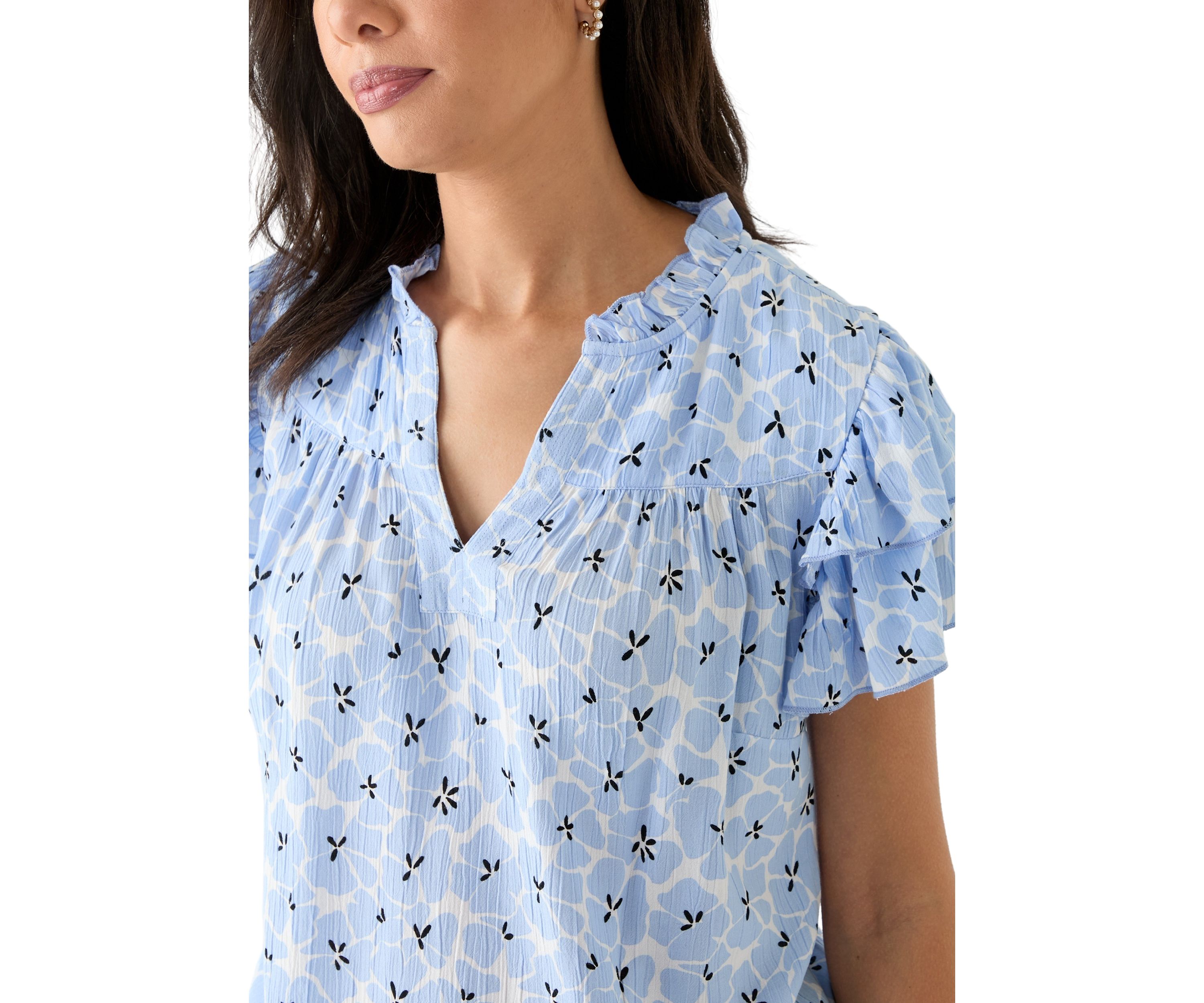 Womens Split Neck Printed Flutter Sleeve Top