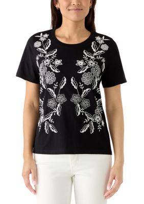 Wonderly Women's Short Sleeve Embroidered T-Shirt, Black, 2XL