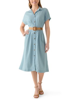 Wonderly Women's Belted Shirt Dress, Blue, Medium