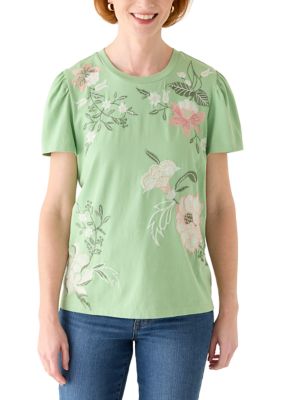 Wonderly Women's Puff Sleeve Embroidered T-Shirt, Sage, 2XL