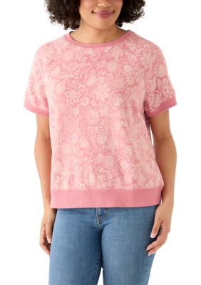 Wonderly Women's Short Sleeve Crew Neck Printed Sweatshirt, Pink, 2XL