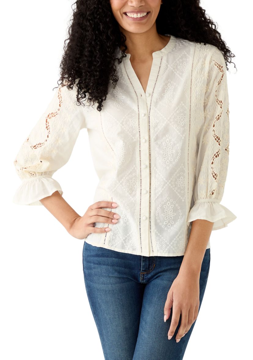 Wonderly Women's 3/4 Sleeve Broderie Top | Belk