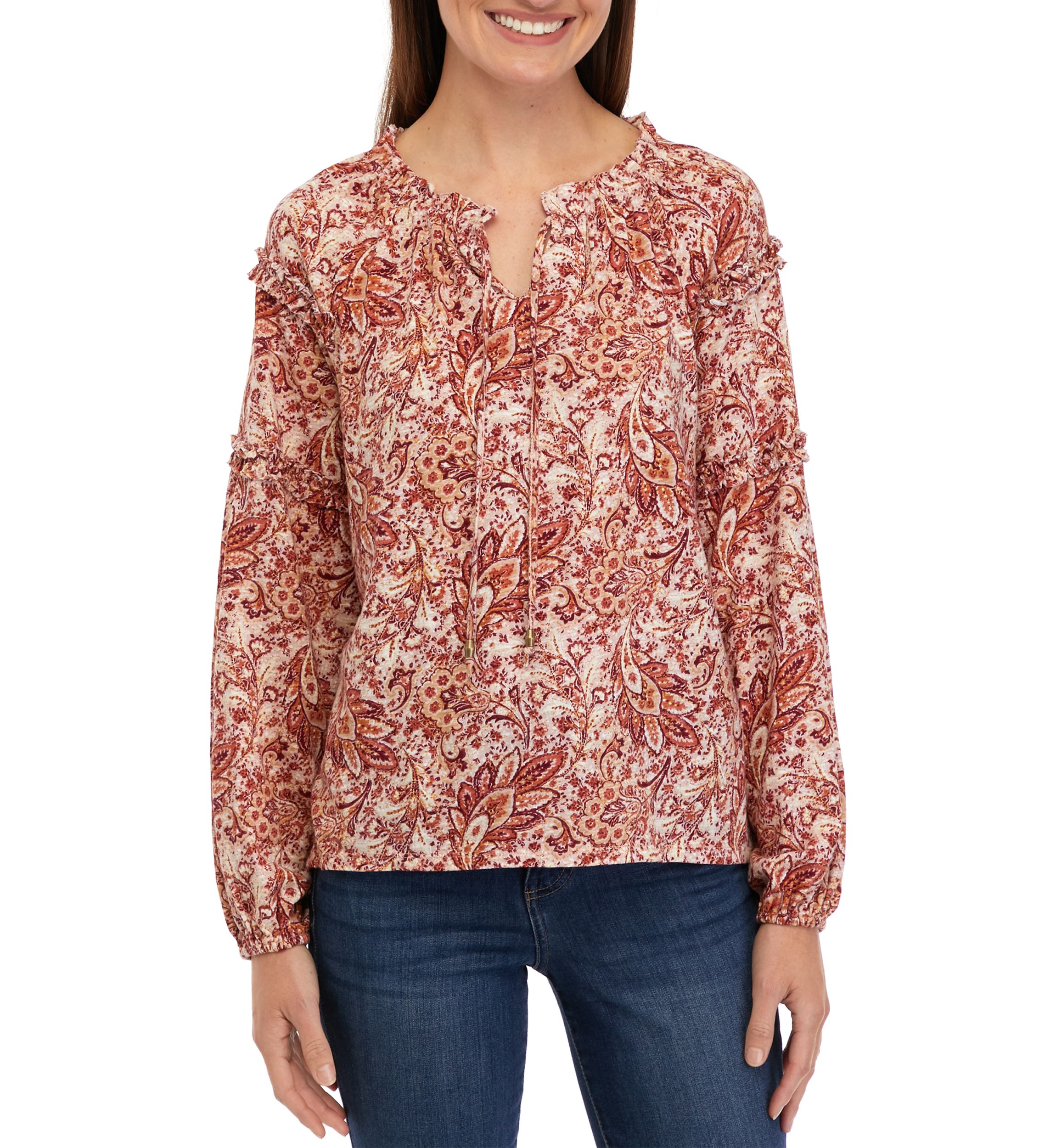 Petite Ruffle Sleeve Printed Peasant Top