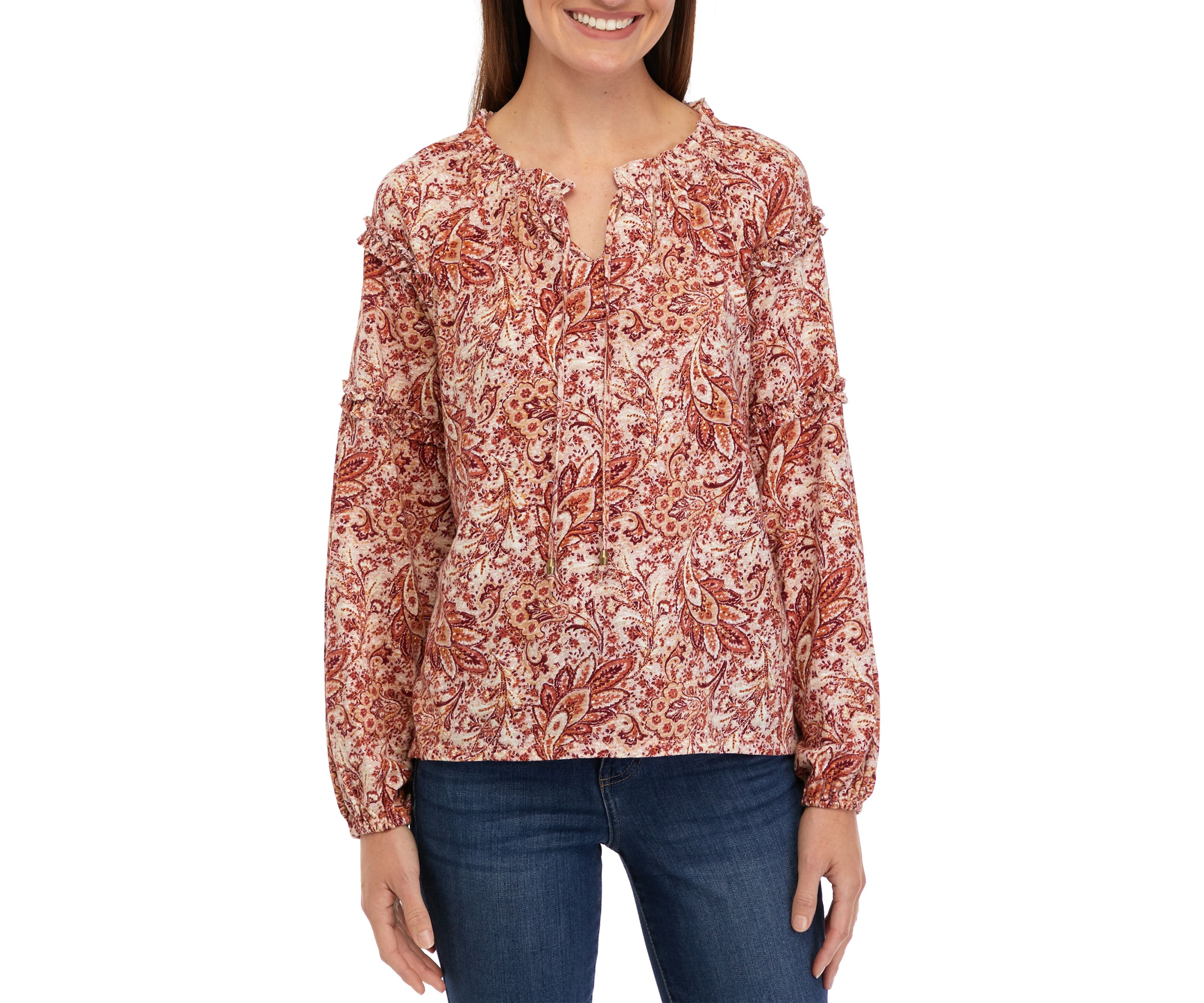 Petite Ruffle Sleeve Printed Peasant Top