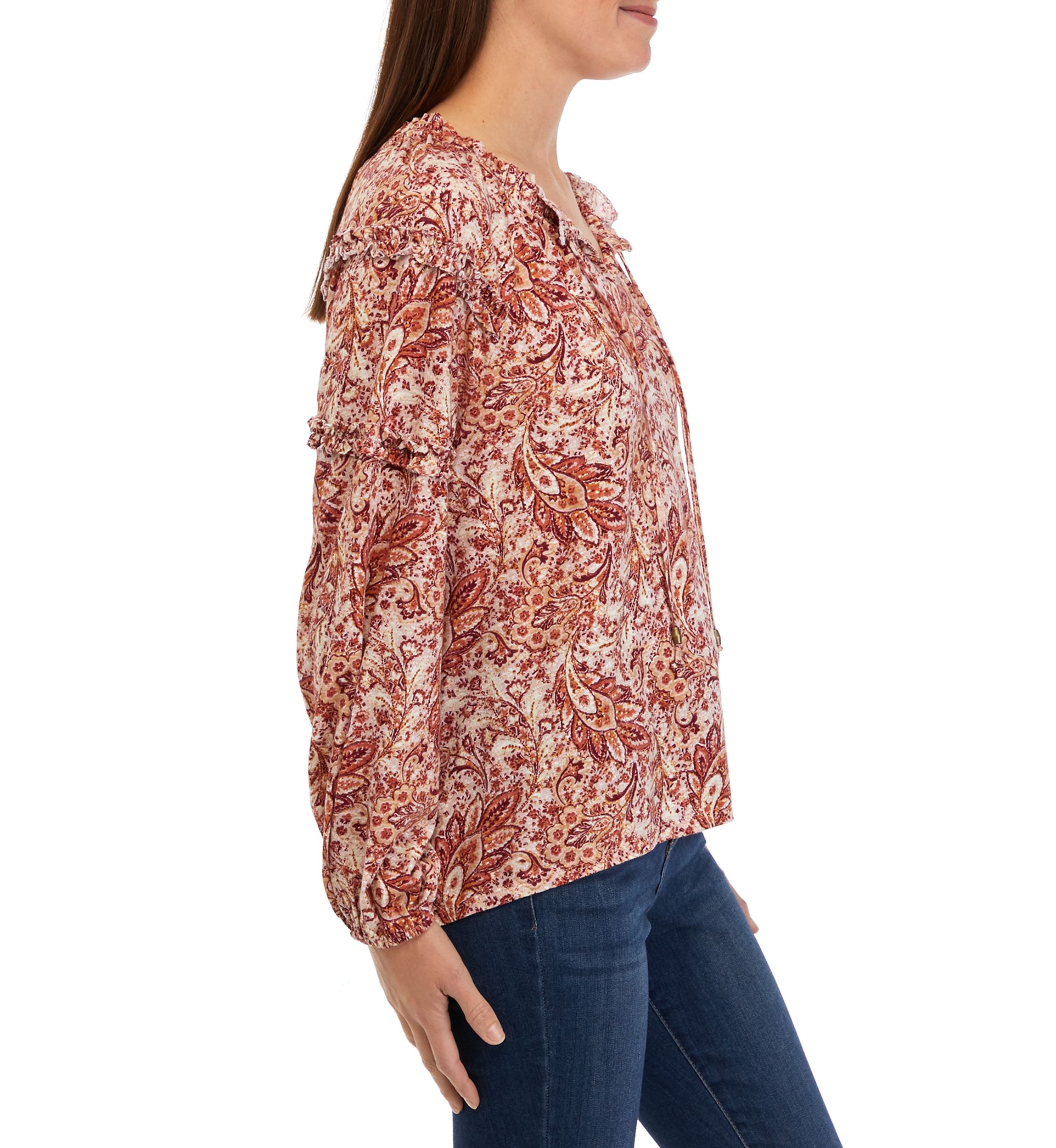 Petite Ruffle Sleeve Printed Peasant Top