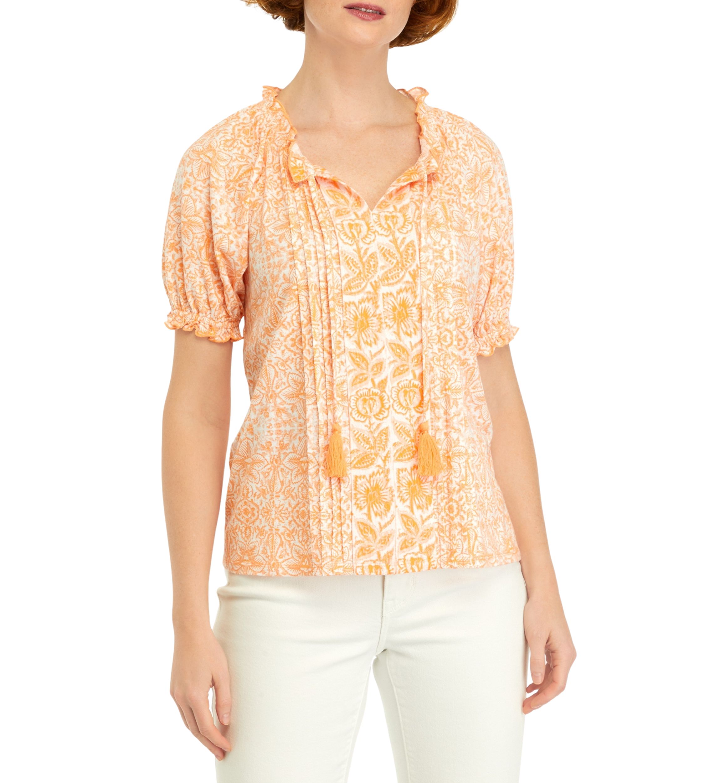 Petite Pintuck Printed Peasant Top