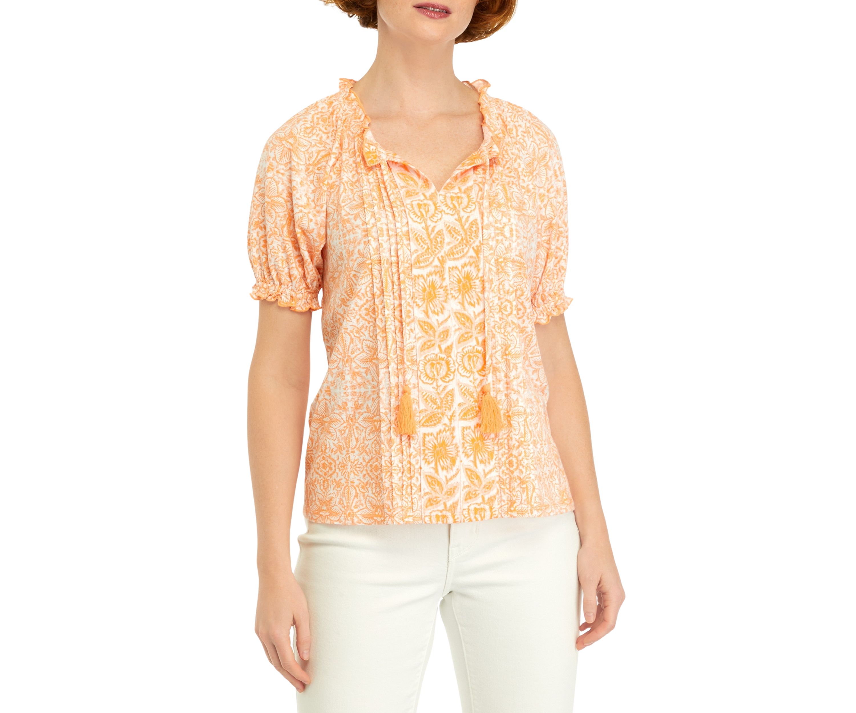 Petite Pintuck Printed Peasant Top