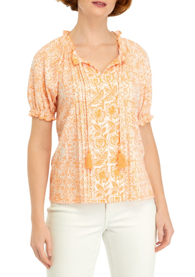 Petite Pintuck Printed Peasant Top